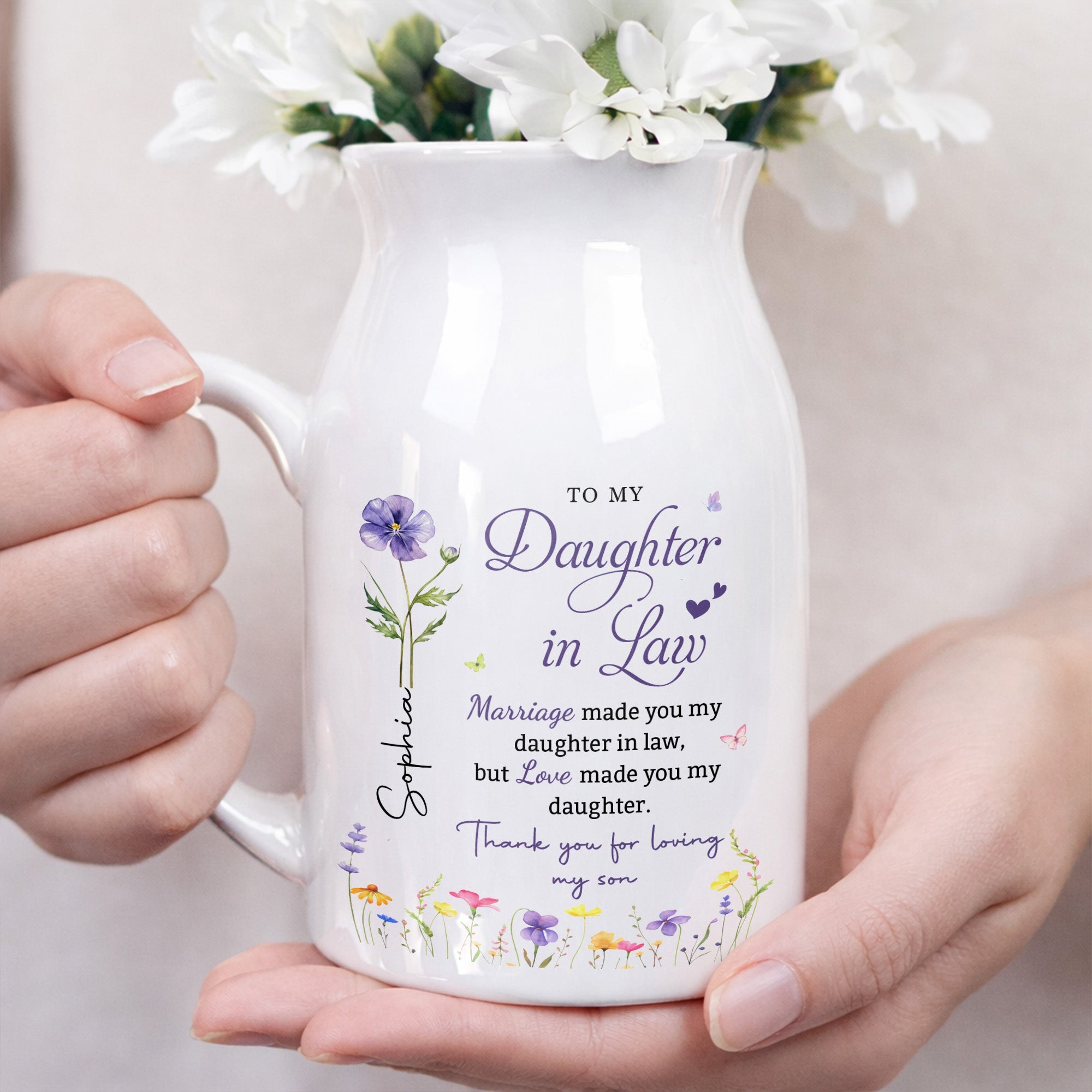 To My Daughter In Law Love Made You My Daughter Birth Month Flowers - Personalized Ceramic Flower Vase