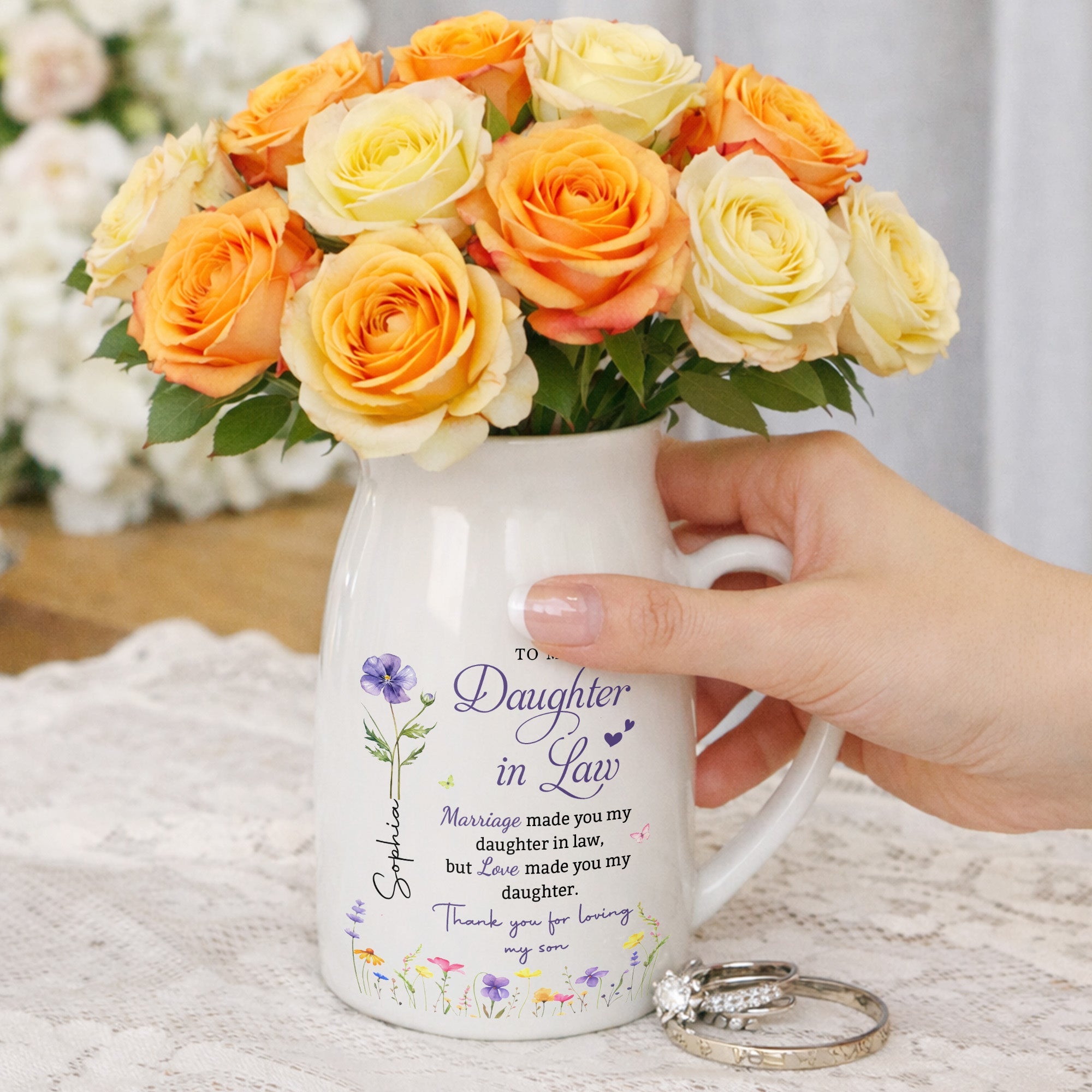 To My Daughter In Law Love Made You My Daughter Birth Month Flowers - Personalized Ceramic Flower Vase