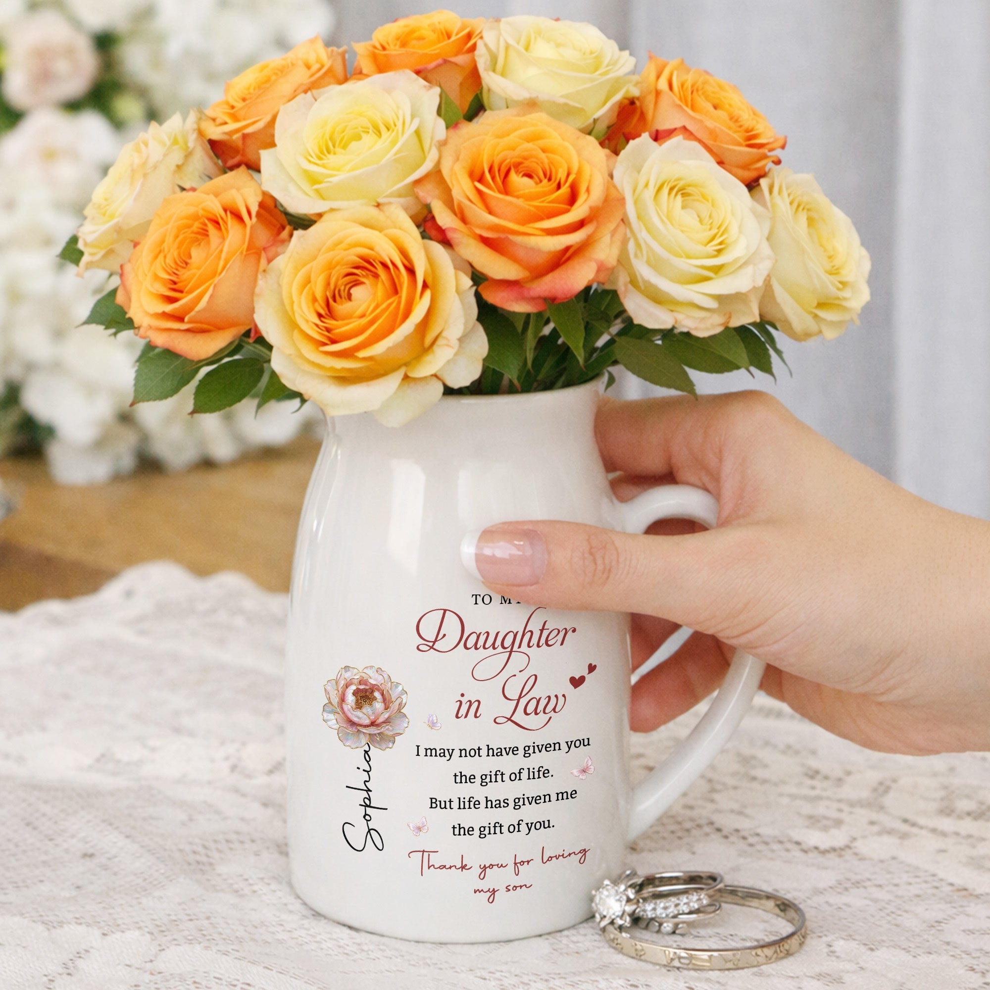 To My Daughter In Law Life Has Given Me The Gift Of You Flowers - Personalized Ceramic Flower Vase