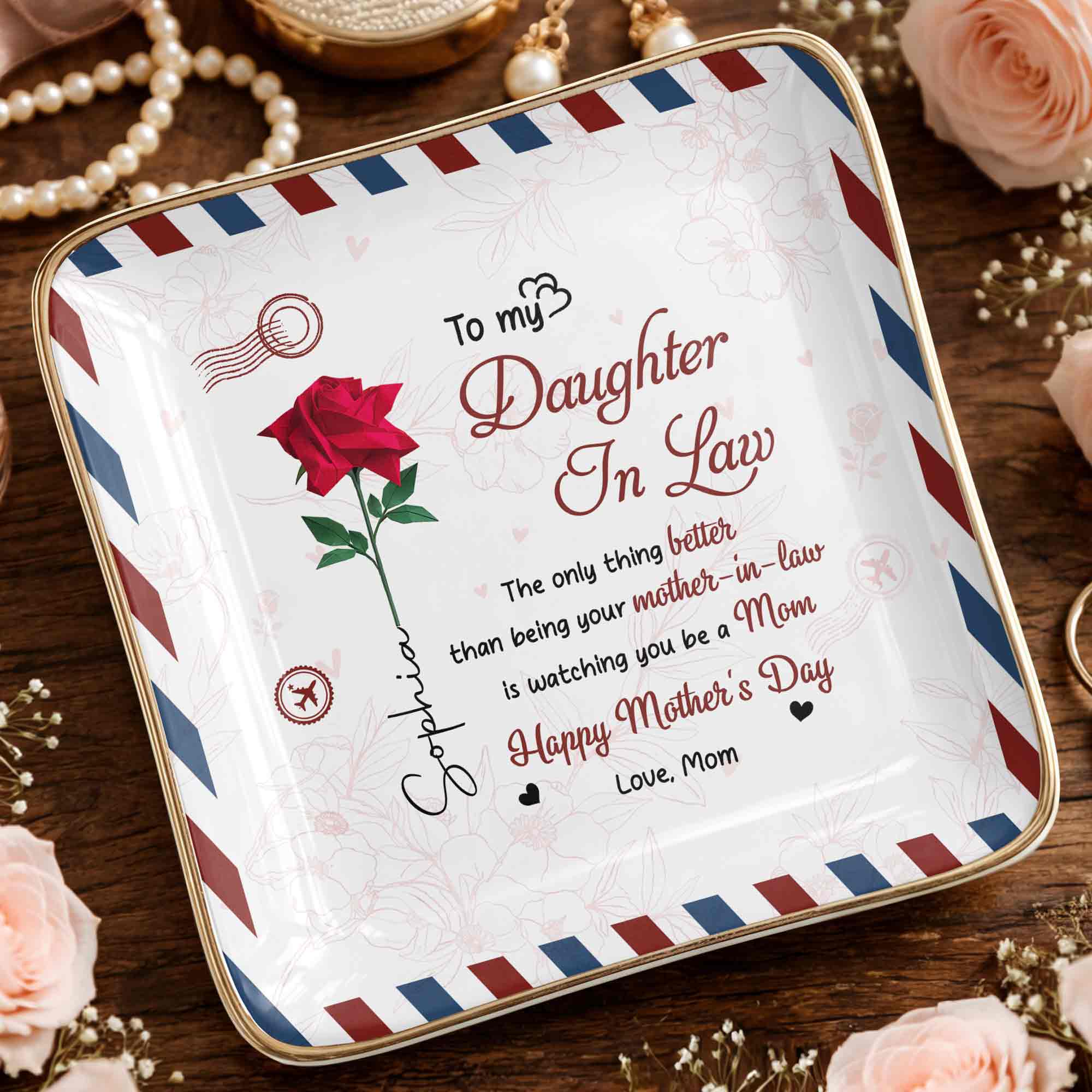 To My Daughter In Law Rose Flower And Envelope Design - Personalized Custom Jewelry Dish, Ceramic Dish, Square Shape - DILA156_SCRF