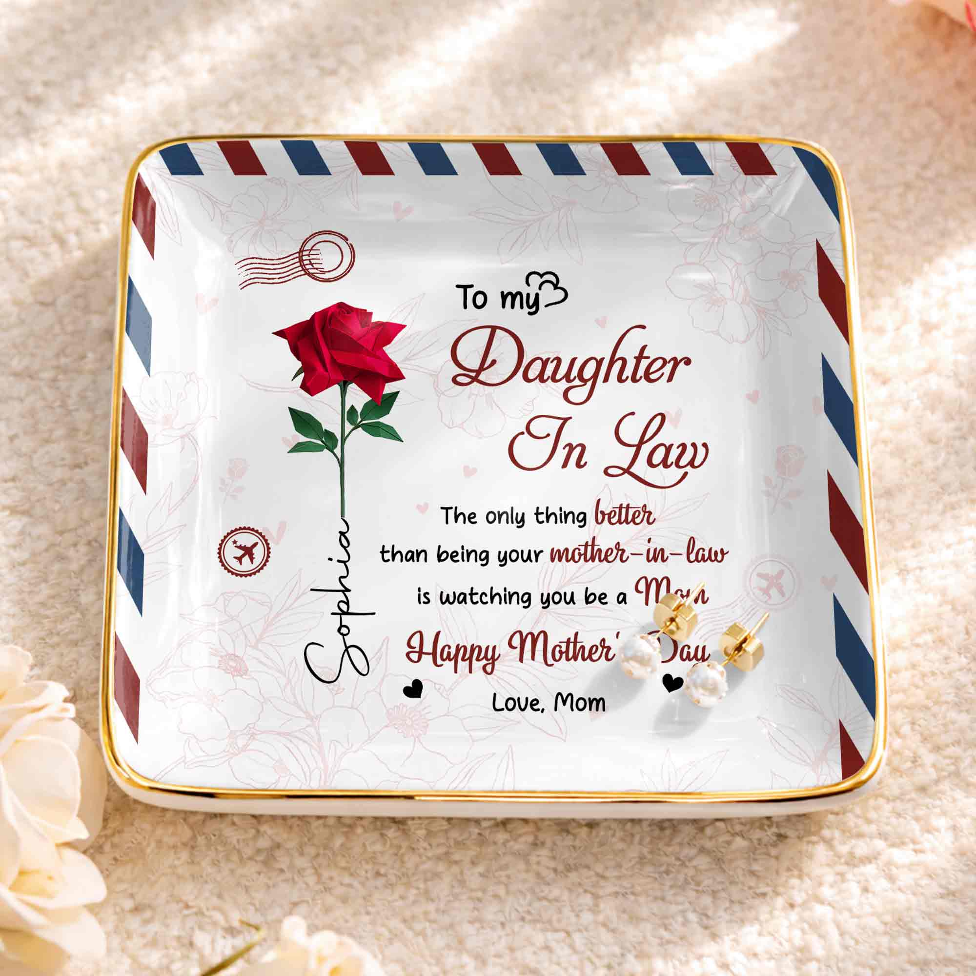 To My Daughter In Law Rose Flower And Envelope Design - Personalized Custom Jewelry Dish, Ceramic Dish, Square Shape - DILA156_SCRF