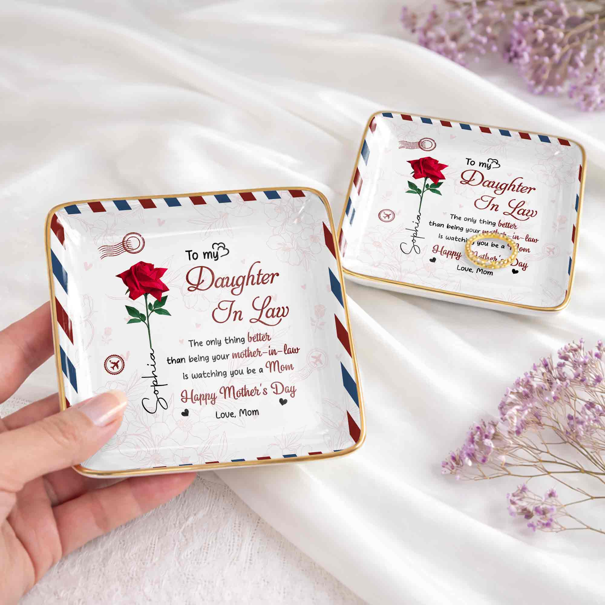 To My Daughter In Law Rose Flower And Envelope Design - Personalized Custom Jewelry Dish, Ceramic Dish, Square Shape - DILA156_SCRF