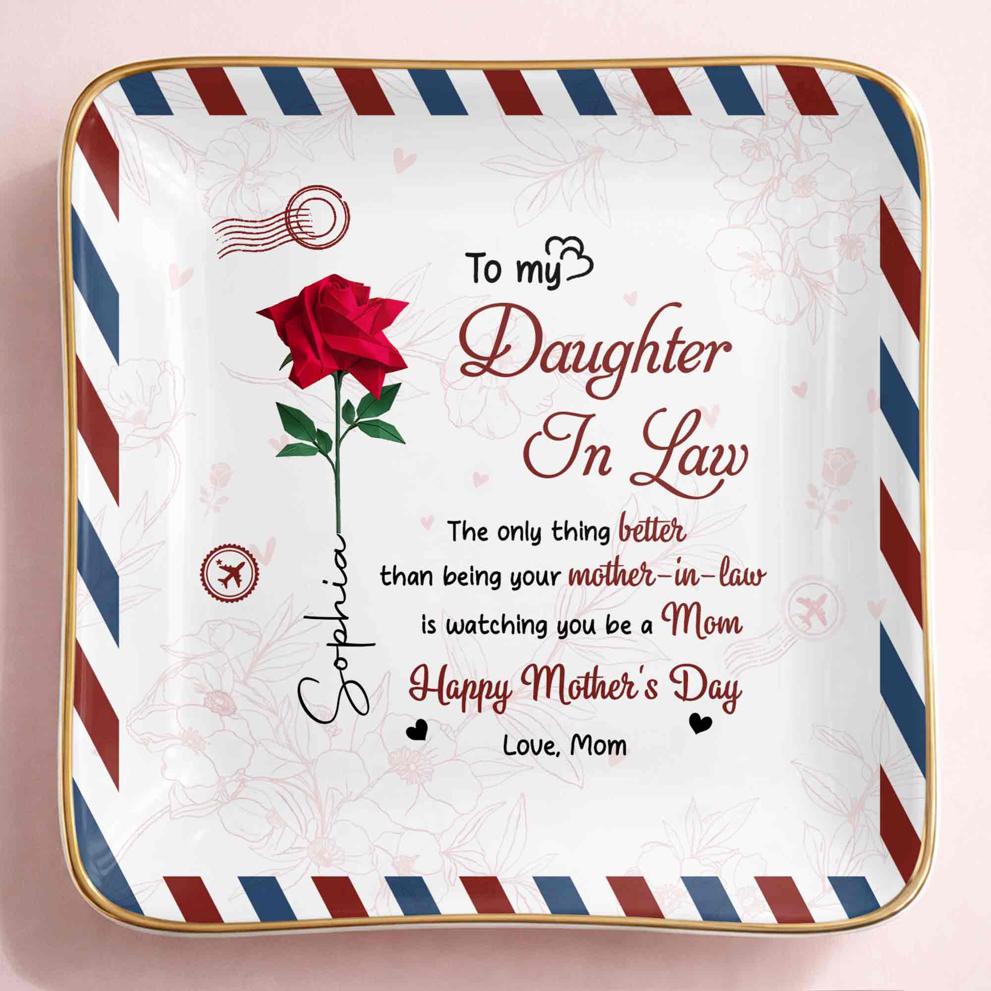 To My Daughter In Law Rose Flower And Envelope Design - Personalized Custom Jewelry Dish, Ceramic Dish, Square Shape - DILA156_SCRF