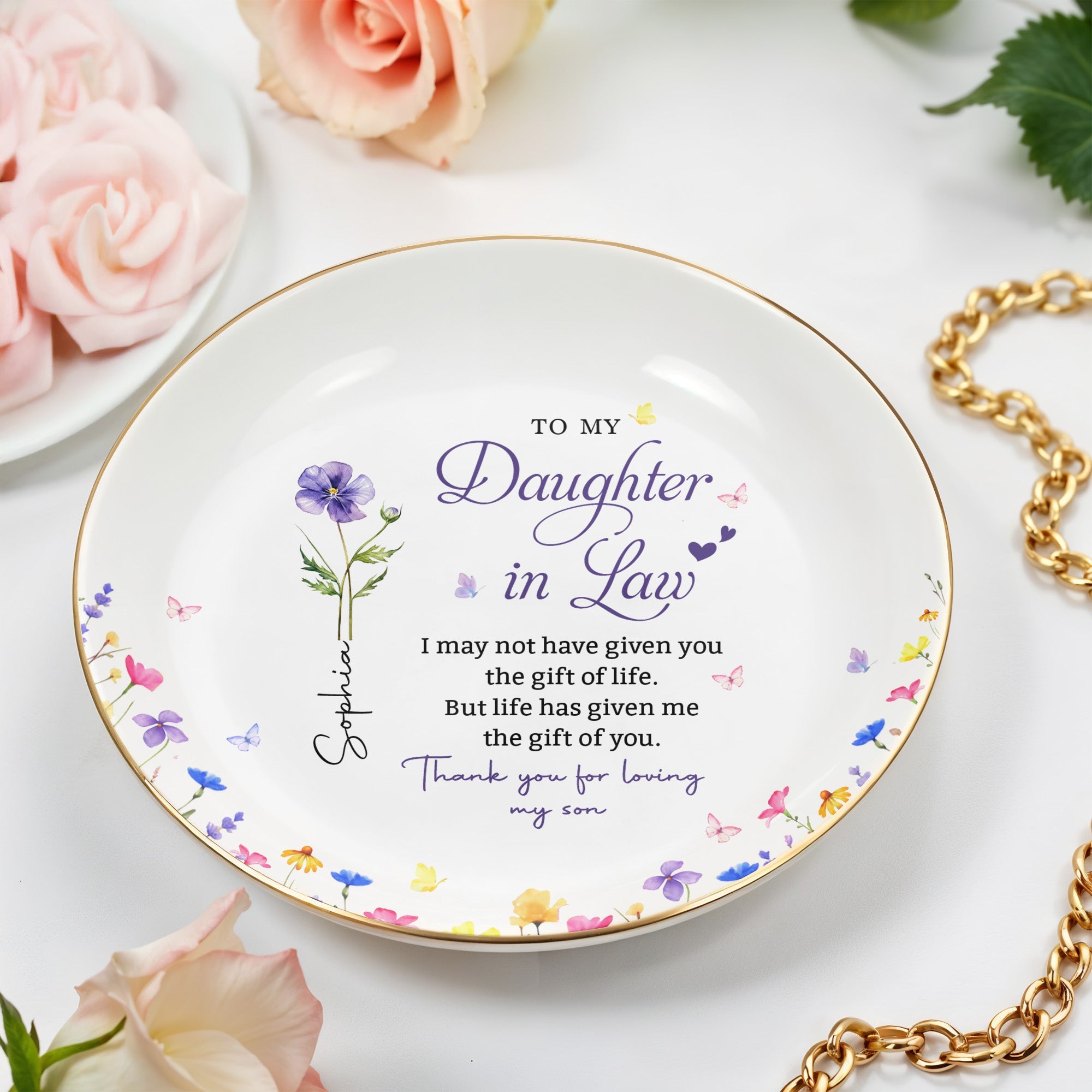 To My Daughter In Law Life Has Given Me The Gift Of You Birth Month Flower - Personalized Custom Jewelry Dish, Ceramic Dish, Round Shape - DILA158_RCRF