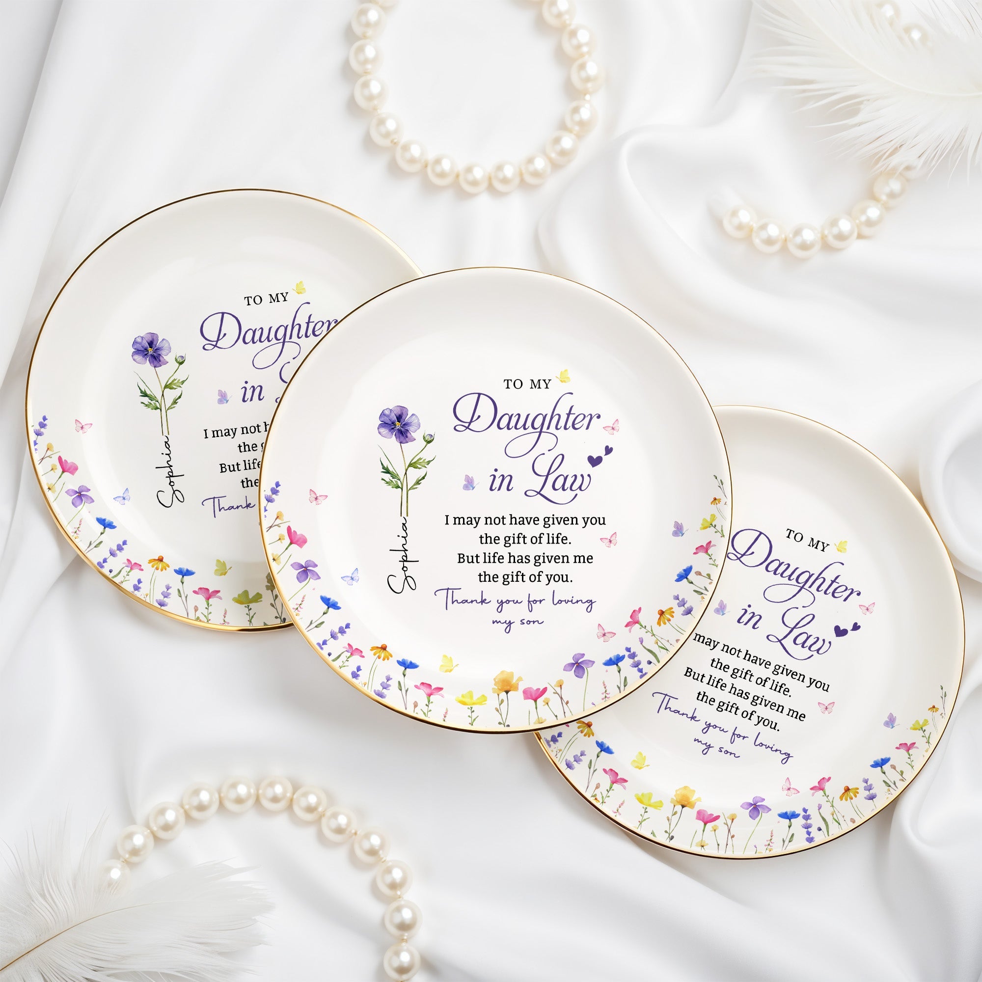 To My Daughter In Law Life Has Given Me The Gift Of You Birth Month Flower - Personalized Custom Jewelry Dish, Ceramic Dish, Round Shape - DILA158_RCRF