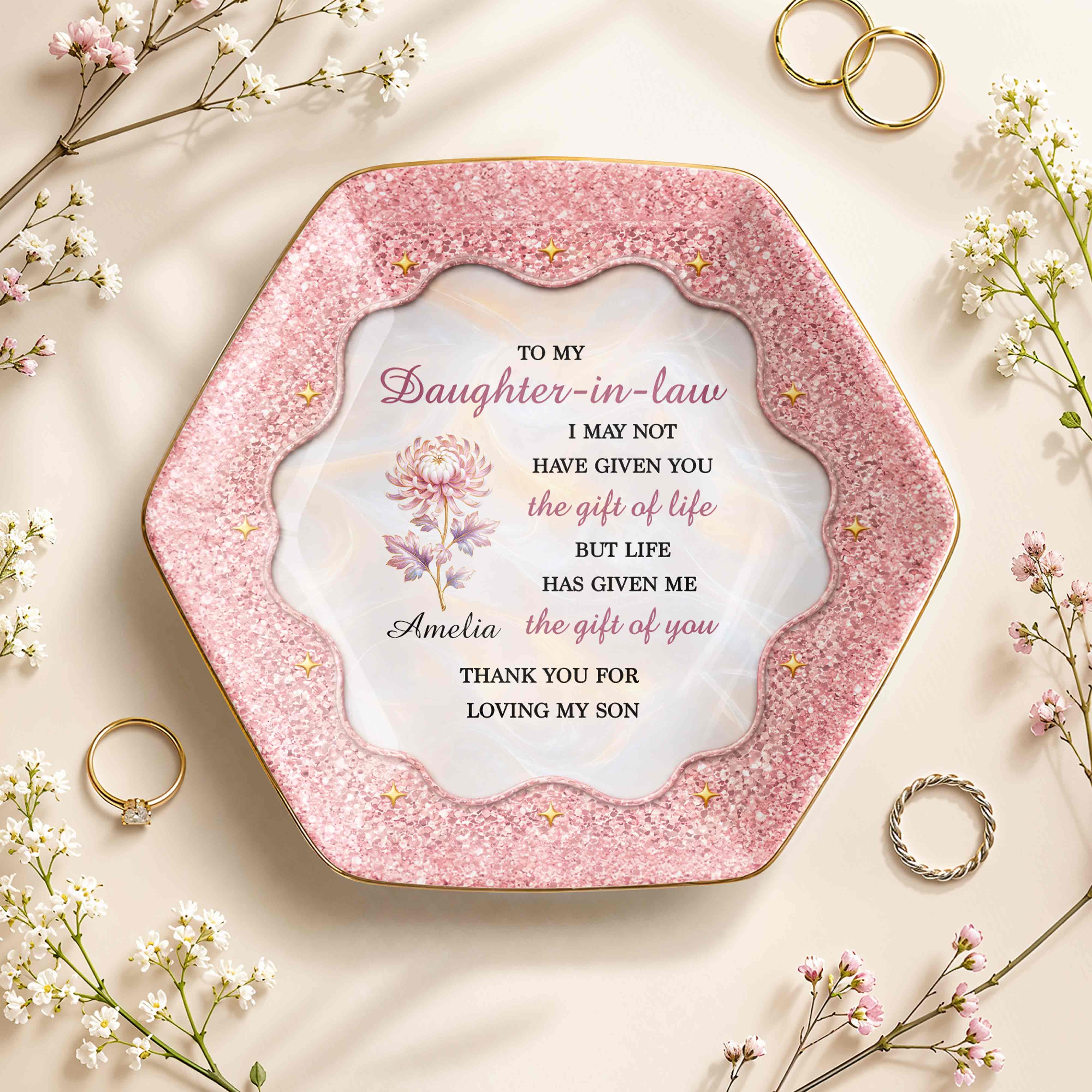 To My Daughter In Law The Gift Of You Birth Month Flower - Personalized Custom Jewelry Dish, Ceramic Dish, Hexagonal Shape - DILA166_HECRD