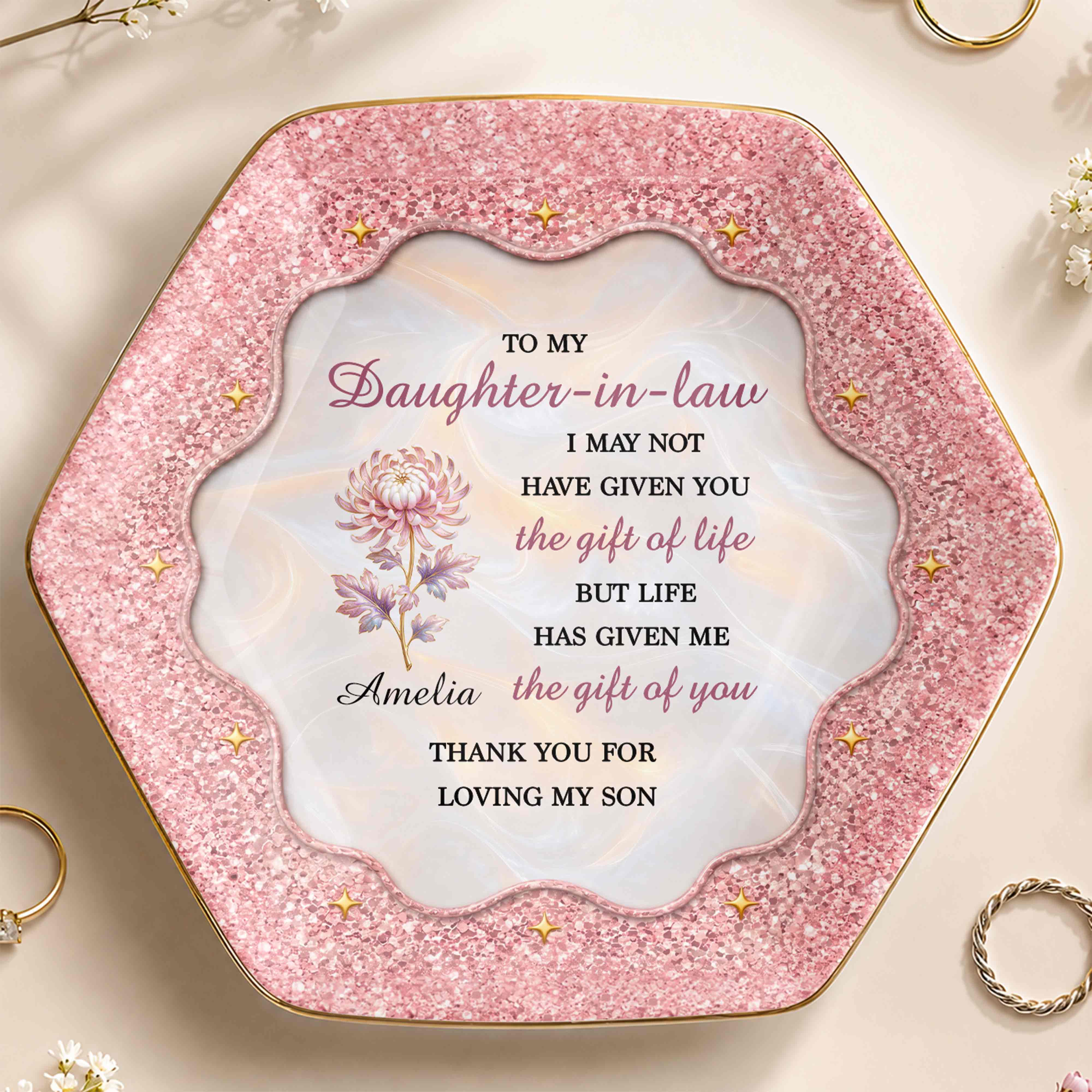 To My Daughter In Law The Gift Of You Birth Month Flower - Personalized Custom Jewelry Dish, Ceramic Dish, Hexagonal Shape - DILA166_HECRD