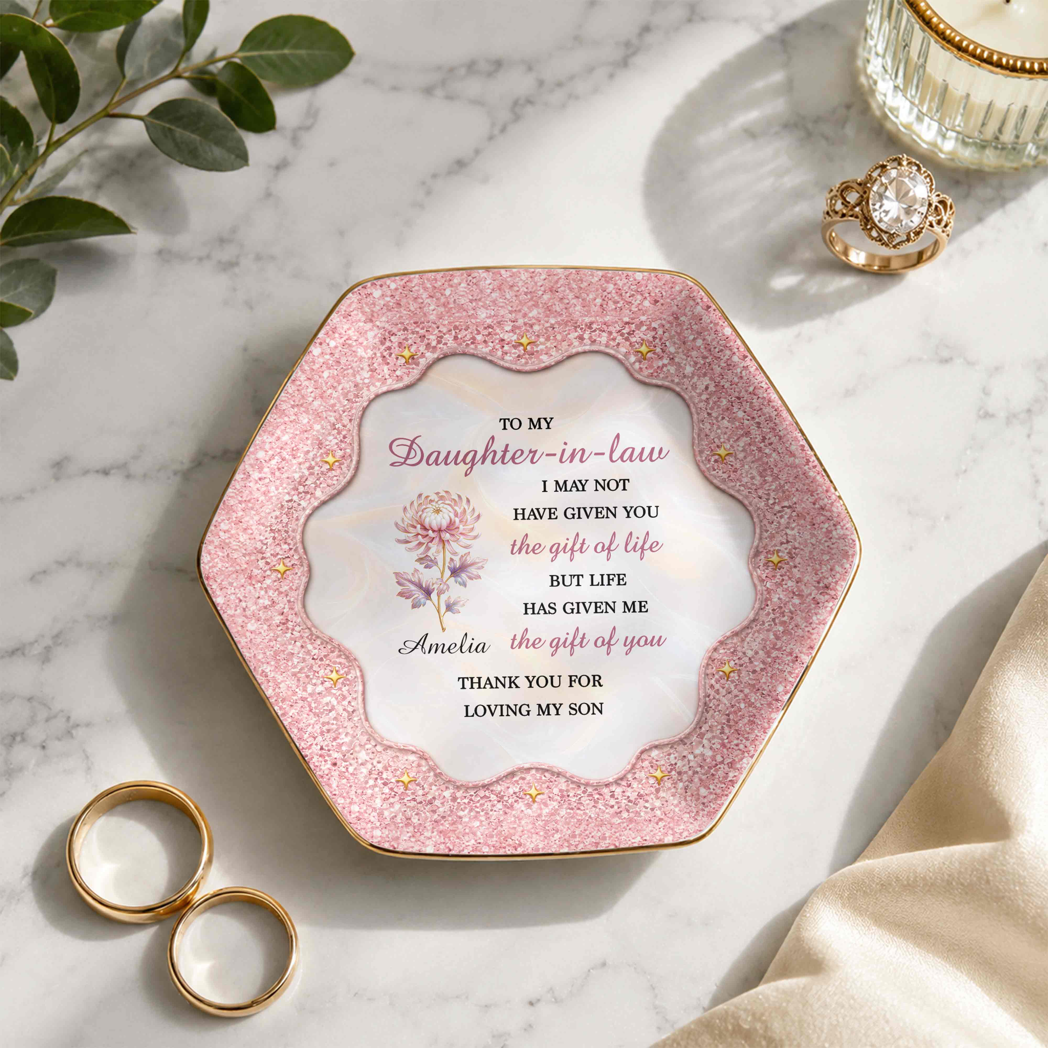 To My Daughter In Law The Gift Of You Birth Month Flower - Personalized Custom Jewelry Dish, Ceramic Dish, Hexagonal Shape - DILA166_HECRD