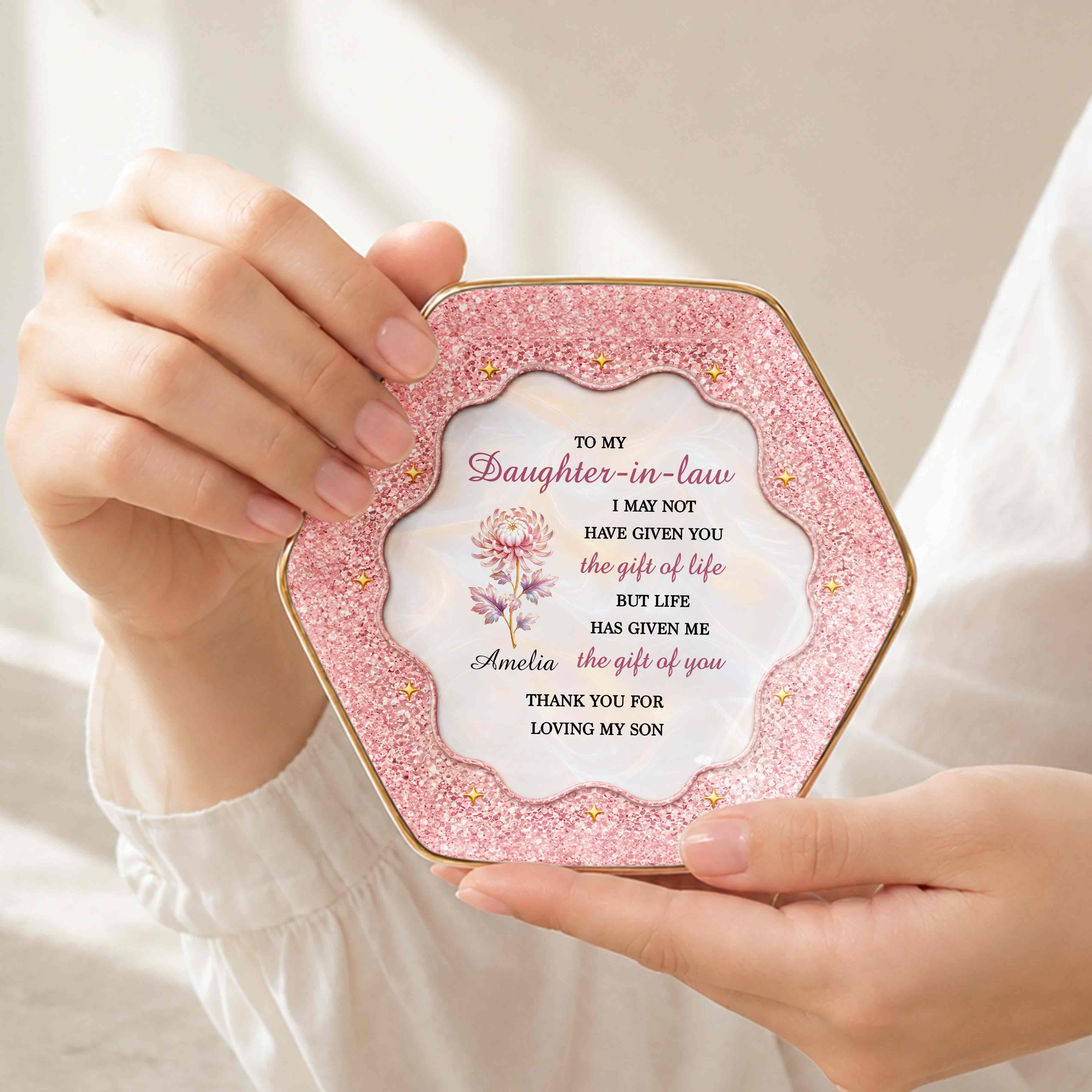 To My Daughter In Law The Gift Of You Birth Month Flower - Personalized Custom Jewelry Dish, Ceramic Dish, Hexagonal Shape - DILA166_HECRD
