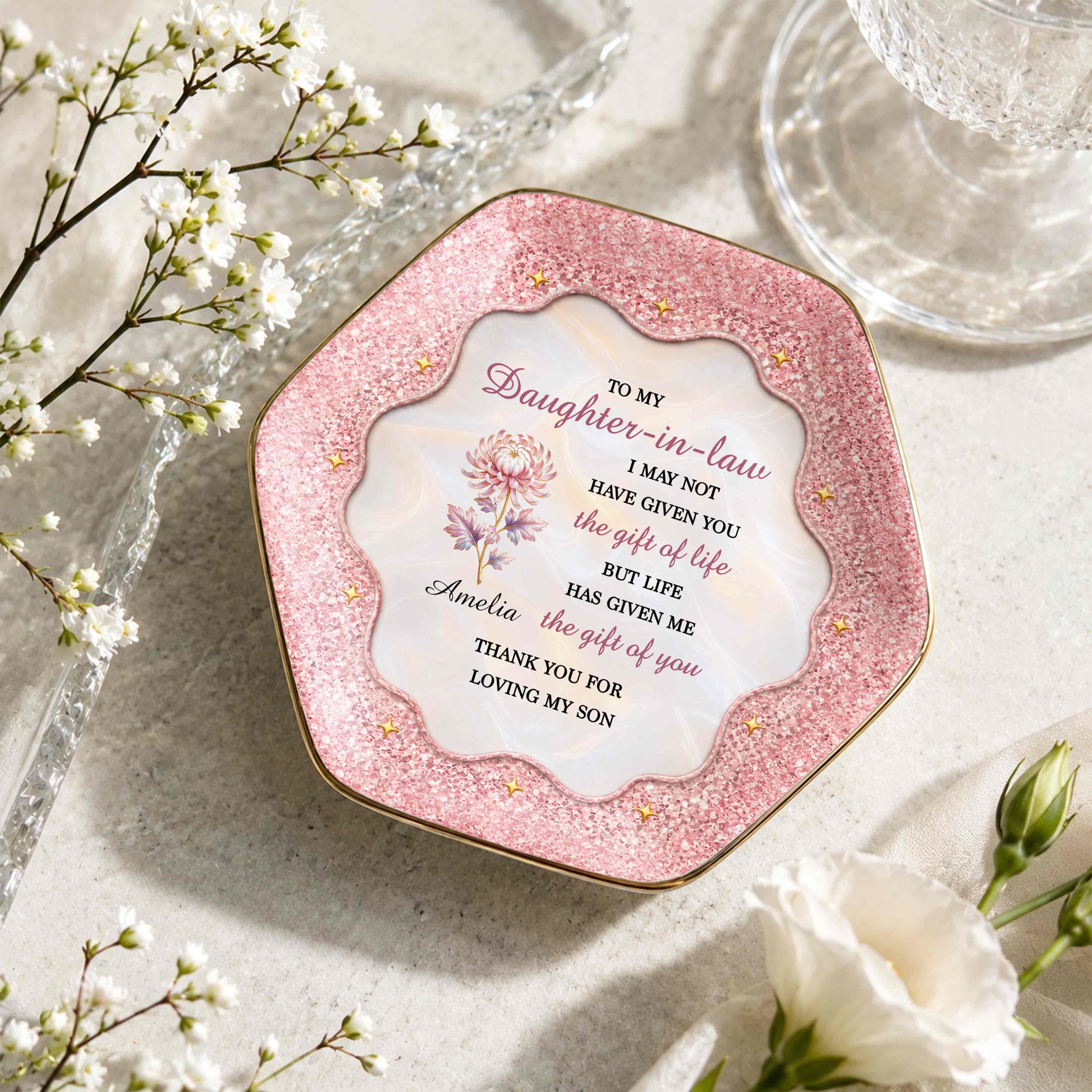 To My Daughter In Law The Gift Of You Birth Month Flower - Personalized Custom Jewelry Dish, Ceramic Dish, Hexagonal Shape - DILA166_HECRD