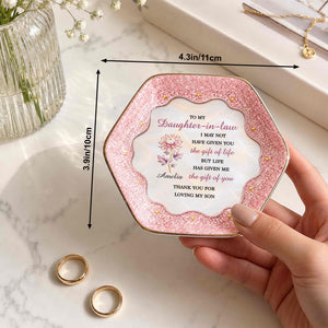 To My Daughter In Law The Gift Of You Birth Month Flower - Personalized Custom Jewelry Dish, Ceramic Dish, Hexagonal Shape - DILA166_HECRD