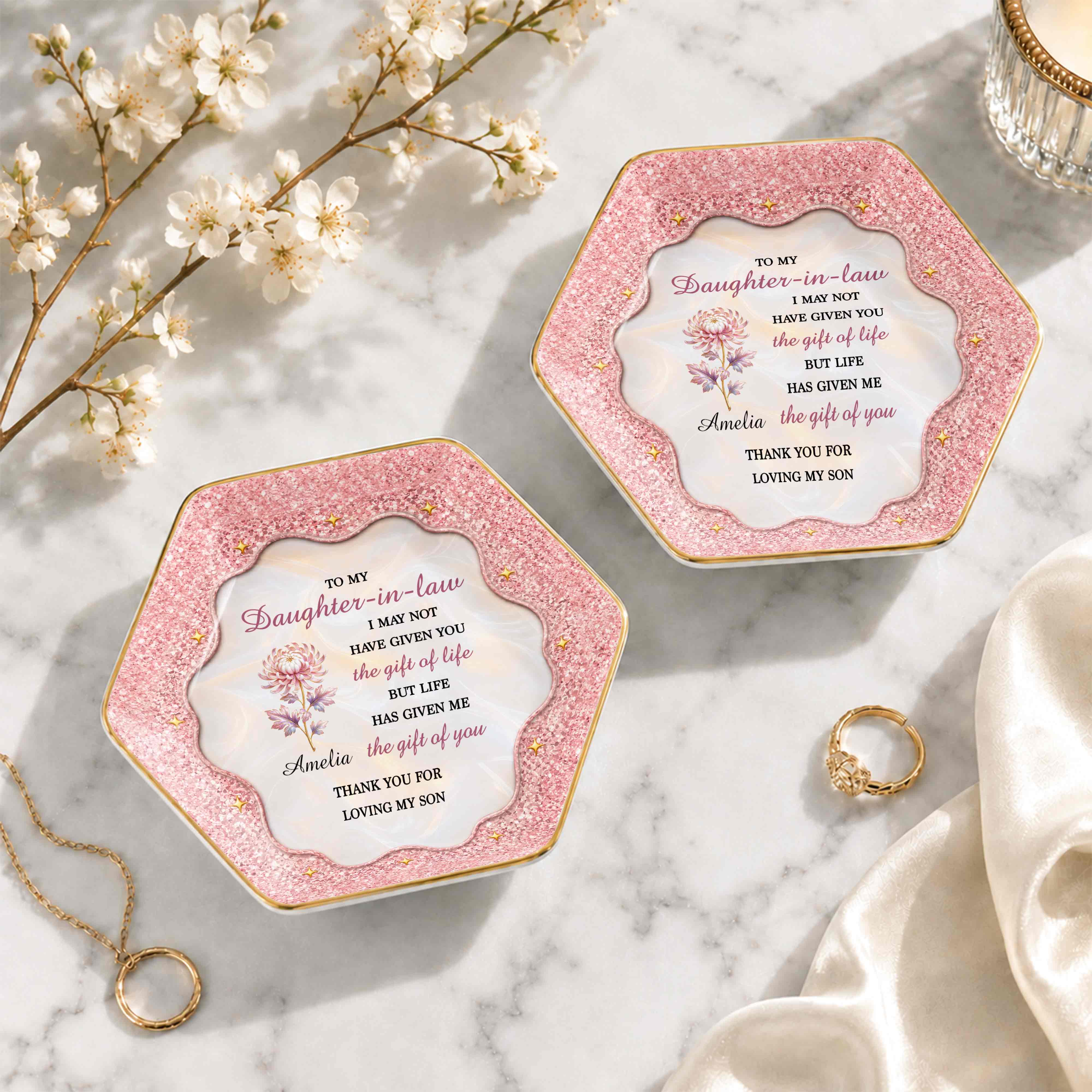 To My Daughter In Law The Gift Of You Birth Month Flower - Personalized Custom Jewelry Dish, Ceramic Dish, Hexagonal Shape - DILA166_HECRD