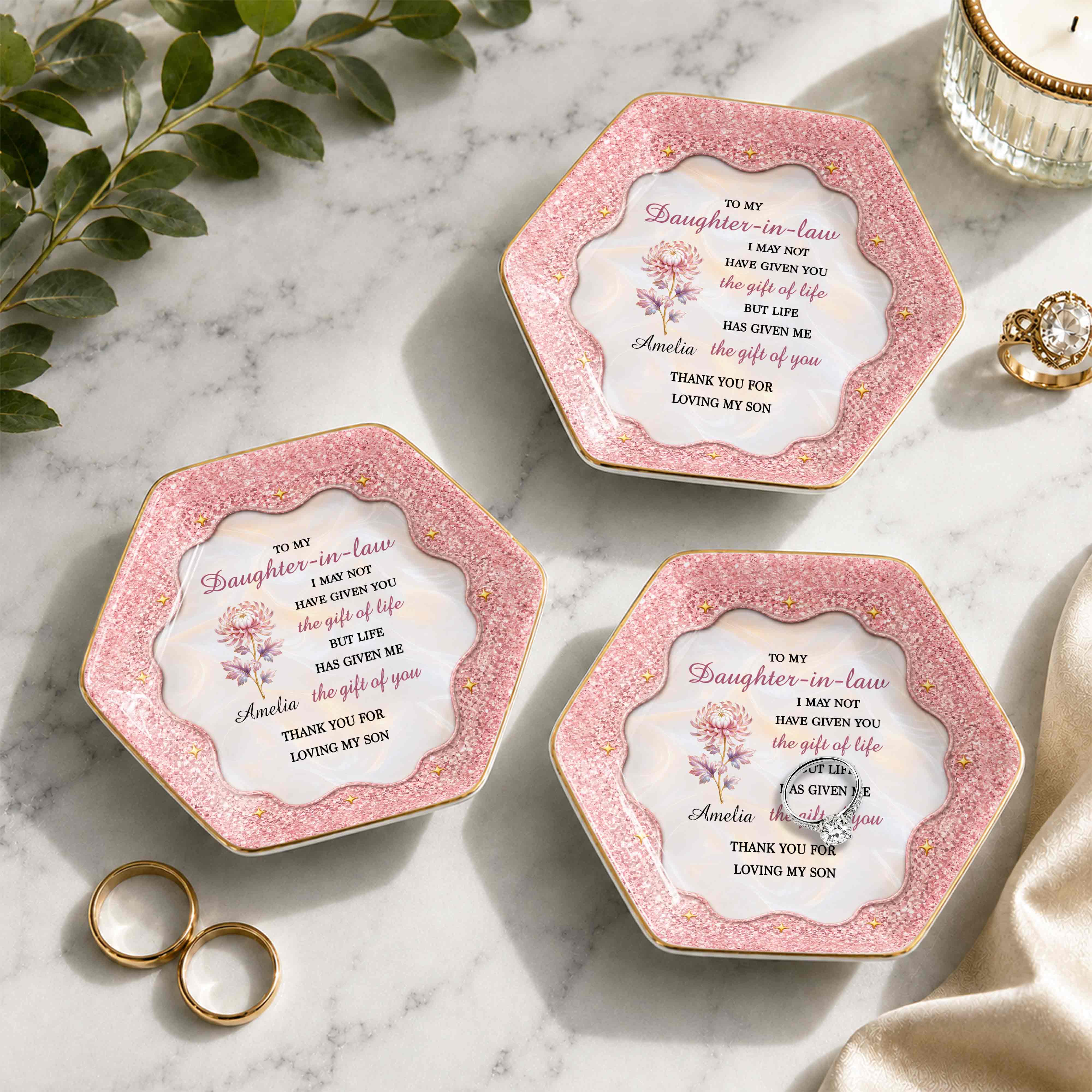 To My Daughter In Law The Gift Of You Birth Month Flower - Personalized Custom Jewelry Dish, Ceramic Dish, Hexagonal Shape - DILA166_HECRD