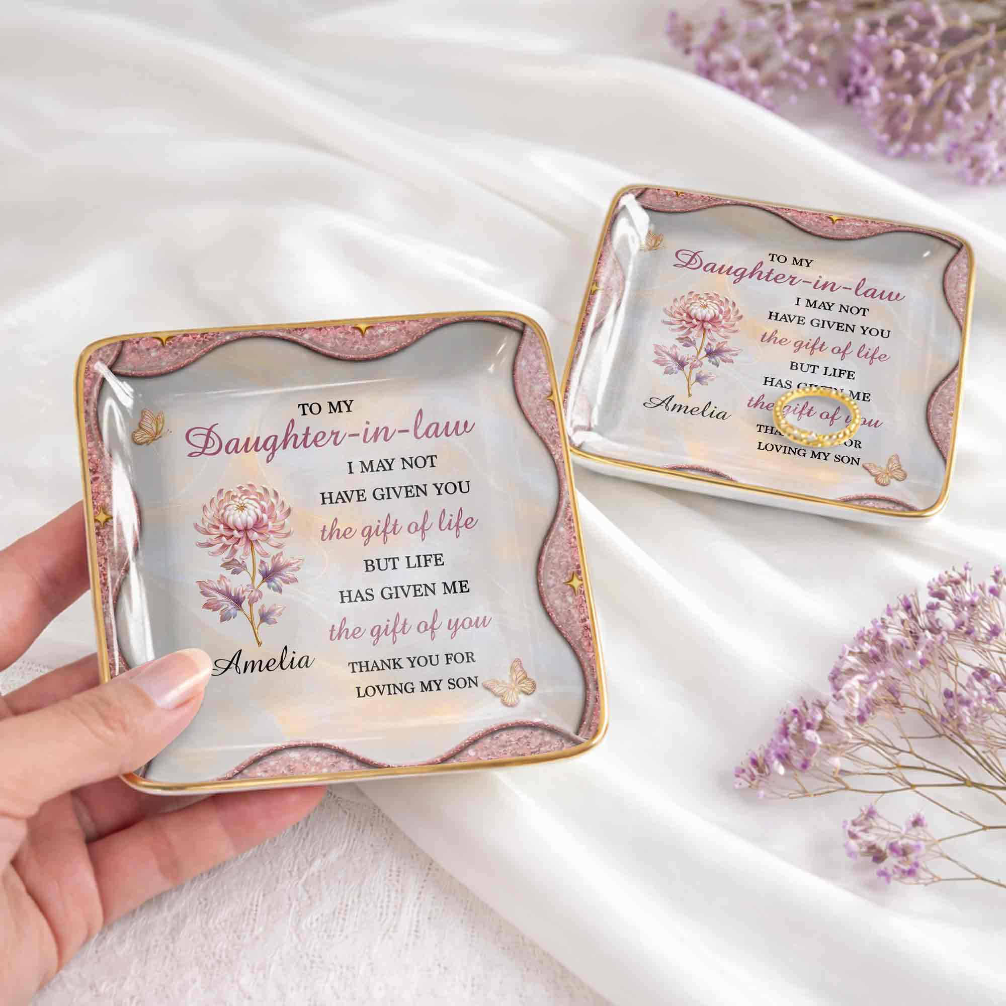 To My Daughter In Law Life Has Given Me The Gift Of You Flower - Personalized Custom Jewelry Dish, Ceramic Dish, Square Shape - DILA166_SCRF
