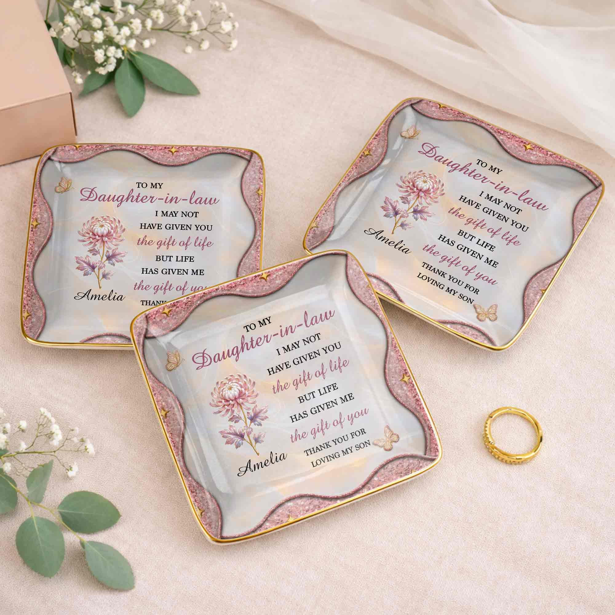To My Daughter In Law Life Has Given Me The Gift Of You Flower - Personalized Custom Jewelry Dish, Ceramic Dish, Square Shape - DILA166_SCRF