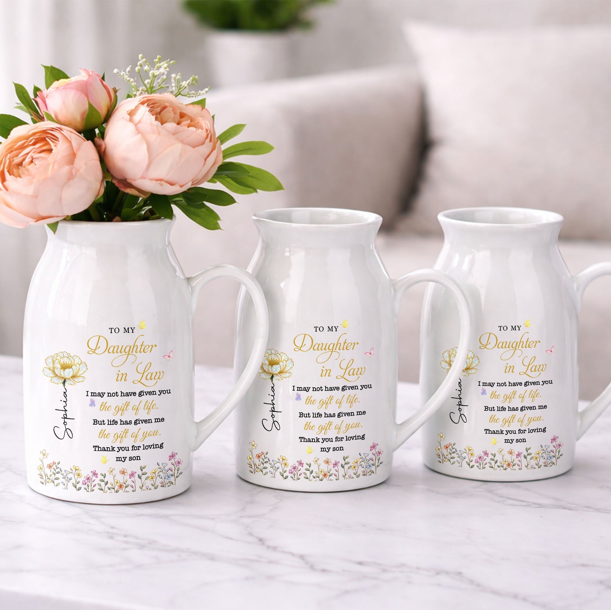 To My Daughter In Law Life Has Given Me The Gift Of You Flowers - Personalized Ceramic Flower Vase