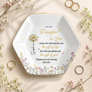 To My Daughter In Law Gift Of You Birth Month Flowers - Personalized Custom Jewelry Dish, Ceramic Dish, Hexagonal Shape - DILA174_HECRD