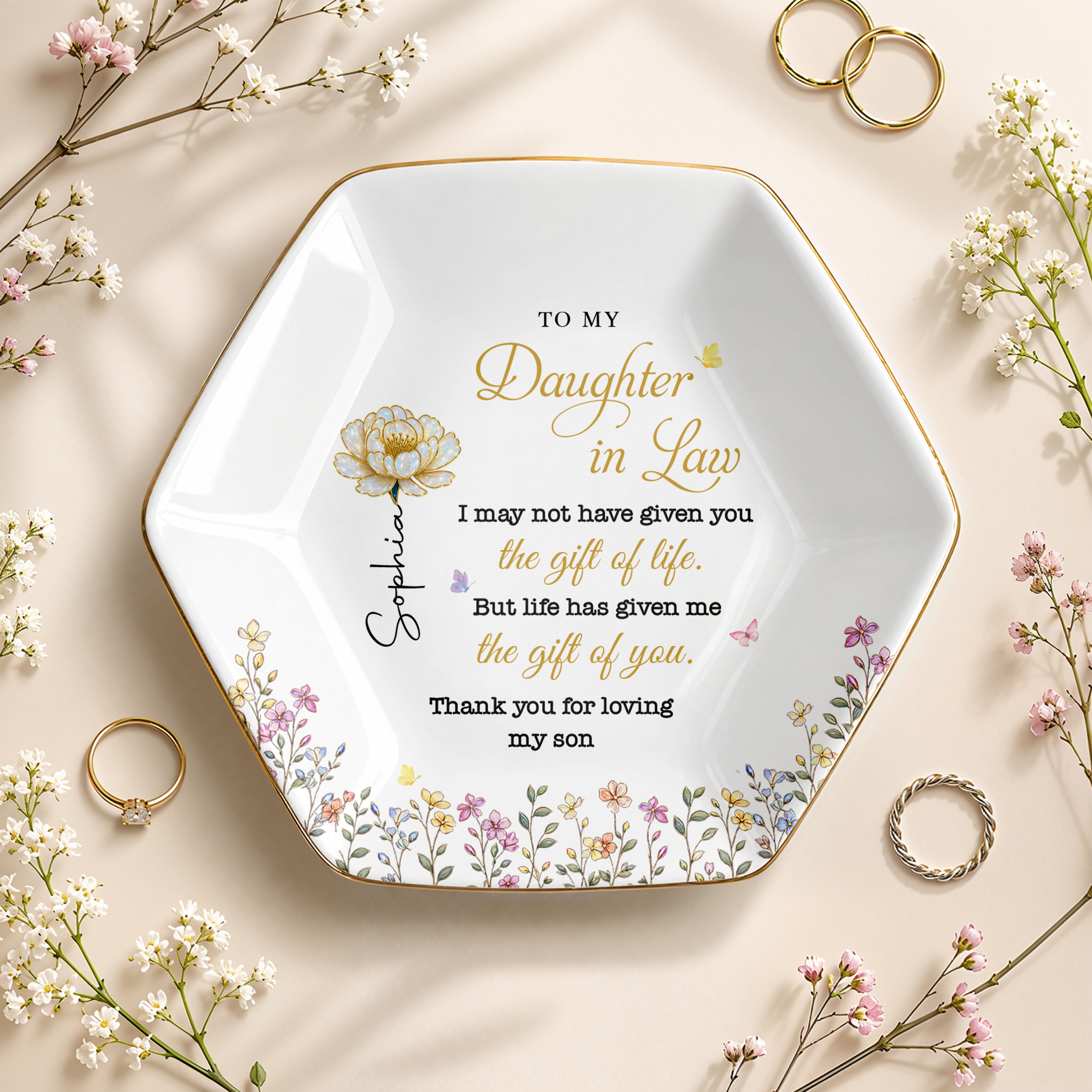 To My Daughter In Law Gift Of You Birth Month Flowers - Personalized Custom Jewelry Dish, Ceramic Dish, Hexagonal Shape - DILA174_HECRD