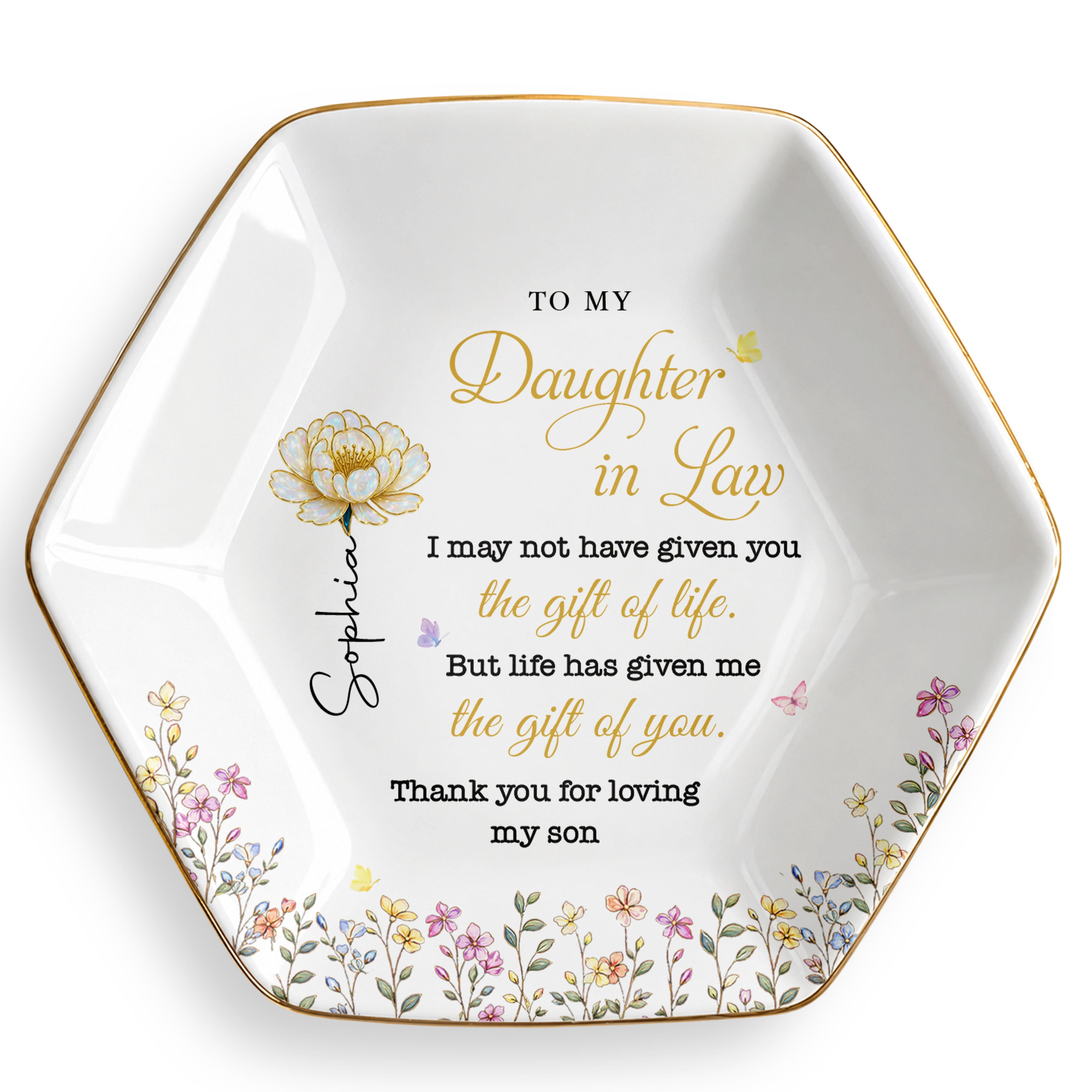 To My Daughter In Law Gift Of You Birth Month Flowers - Personalized Custom Jewelry Dish, Ceramic Dish, Hexagonal Shape - DILA174_HECRD