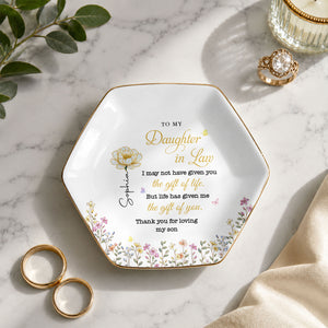 To My Daughter In Law Gift Of You Birth Month Flowers - Personalized Custom Jewelry Dish, Ceramic Dish, Hexagonal Shape - DILA174_HECRD
