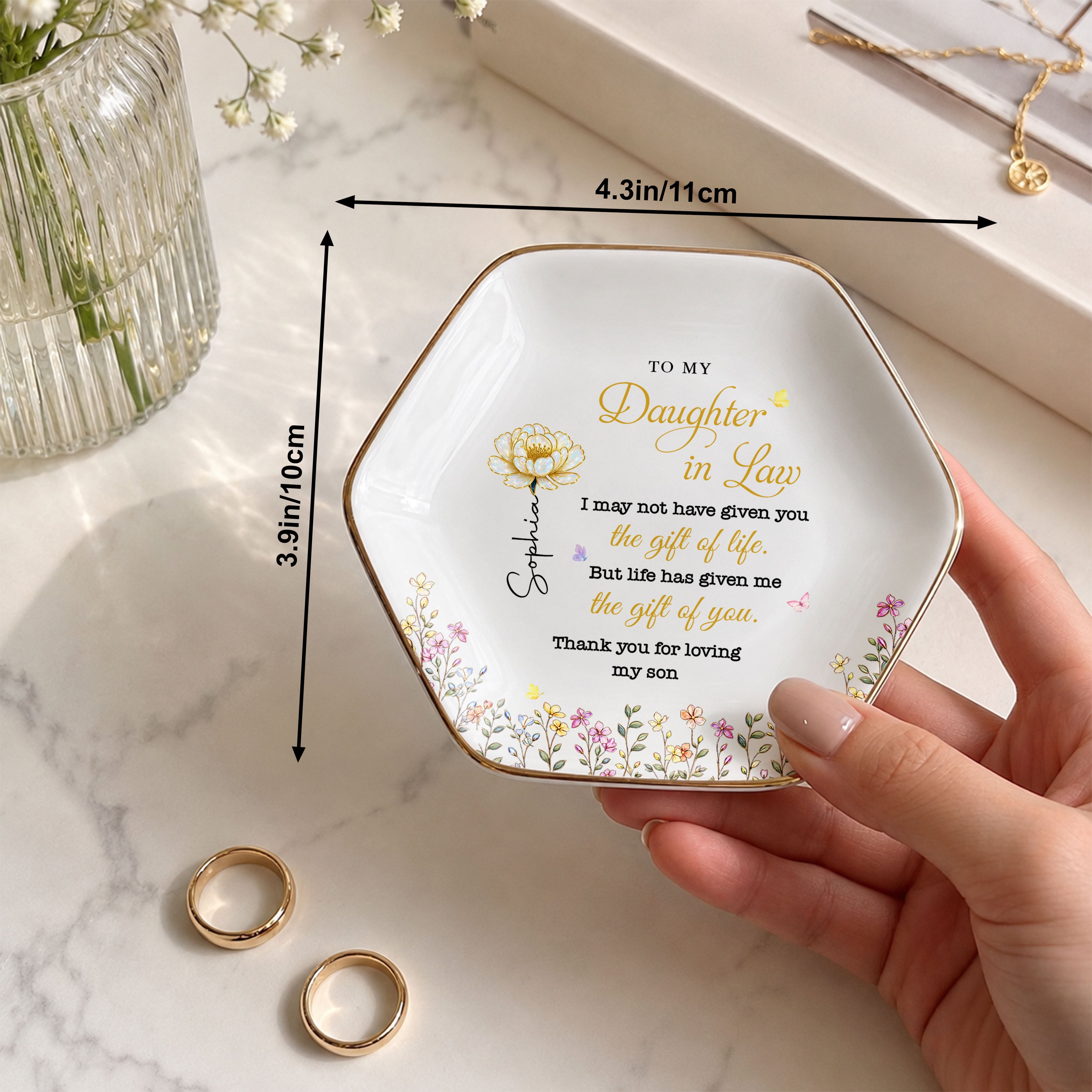 To My Daughter In Law Gift Of You Birth Month Flowers - Personalized Custom Jewelry Dish, Ceramic Dish, Hexagonal Shape - DILA174_HECRD