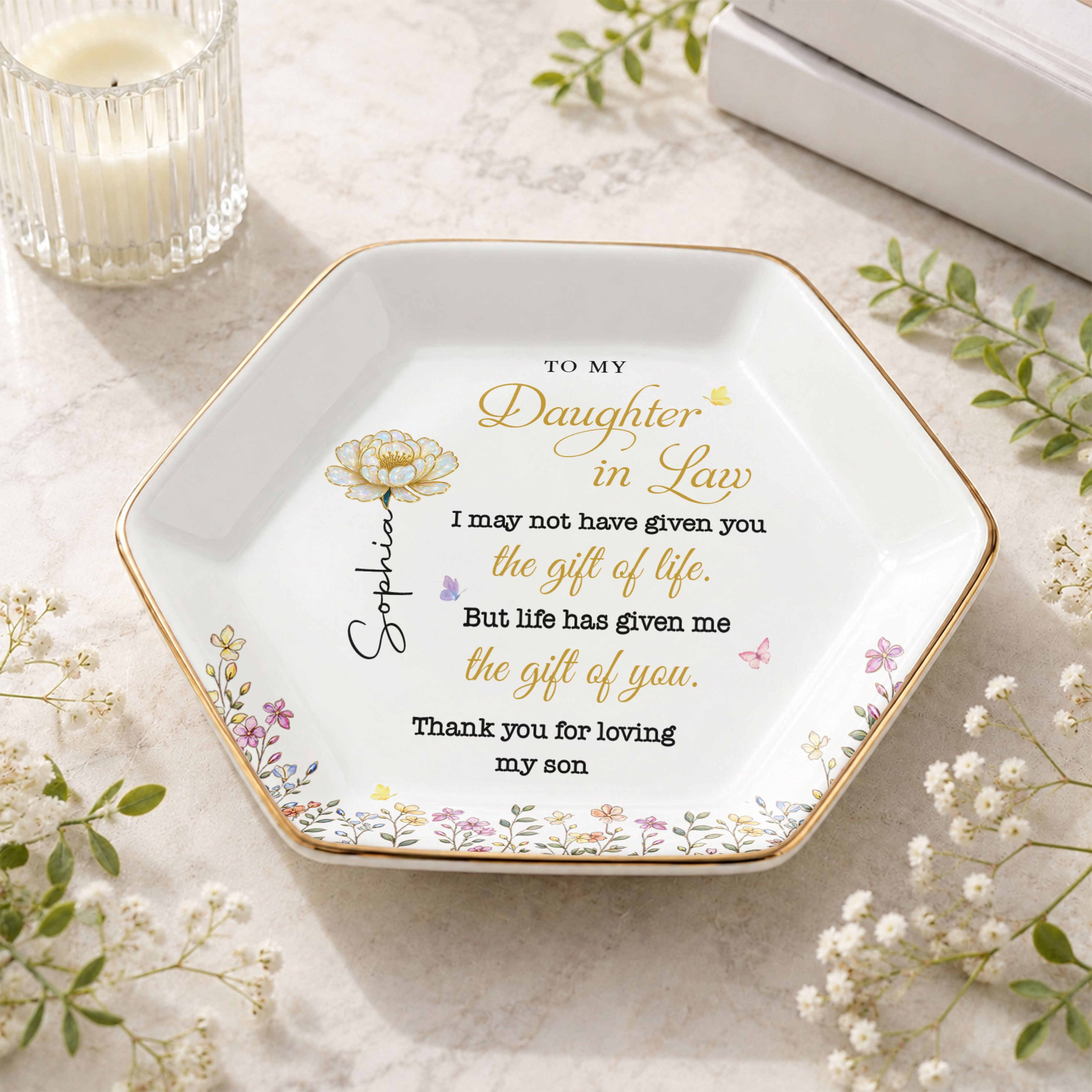 To My Daughter In Law Gift Of You Birth Month Flowers - Personalized Custom Jewelry Dish, Ceramic Dish, Hexagonal Shape - DILA174_HECRD