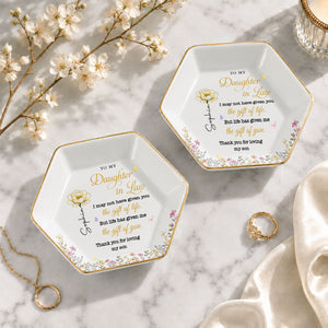To My Daughter In Law Gift Of You Birth Month Flowers - Personalized Custom Jewelry Dish, Ceramic Dish, Hexagonal Shape - DILA174_HECRD