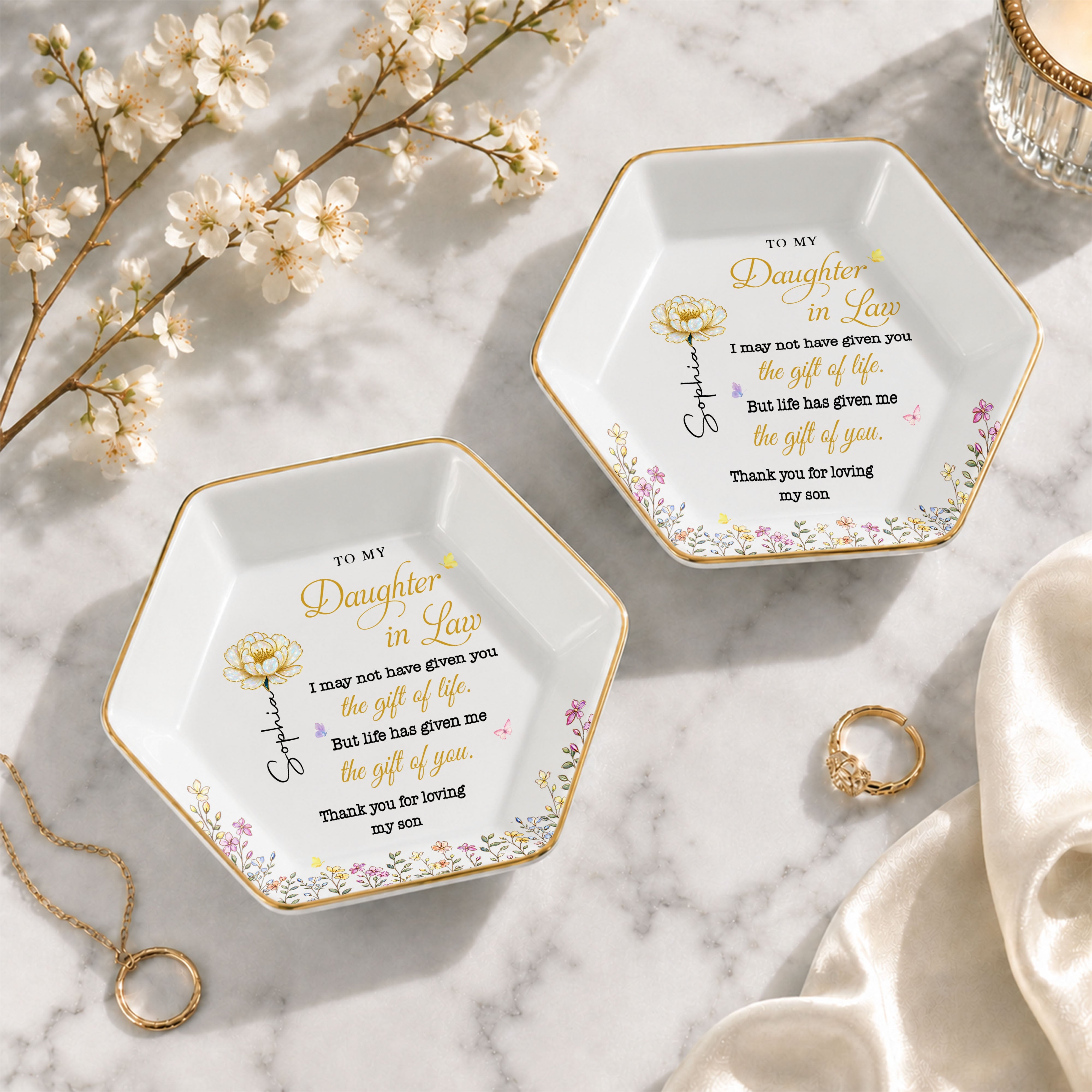 To My Daughter In Law Gift Of You Birth Month Flowers - Personalized Custom Jewelry Dish, Ceramic Dish, Hexagonal Shape - DILA174_HECRD