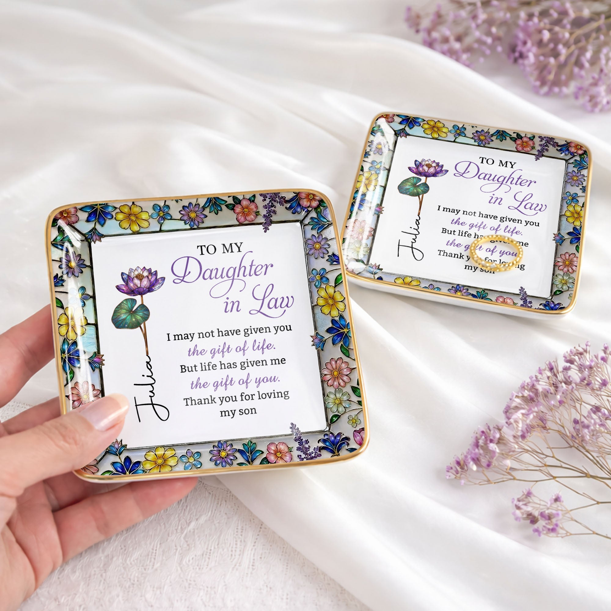 To My Daughter In Law Life Has Given Me The Gift Of You Mosaic Flower - Personalized Custom Jewelry Dish, Ceramic Dish, Square Shape - DILA184_SCRF