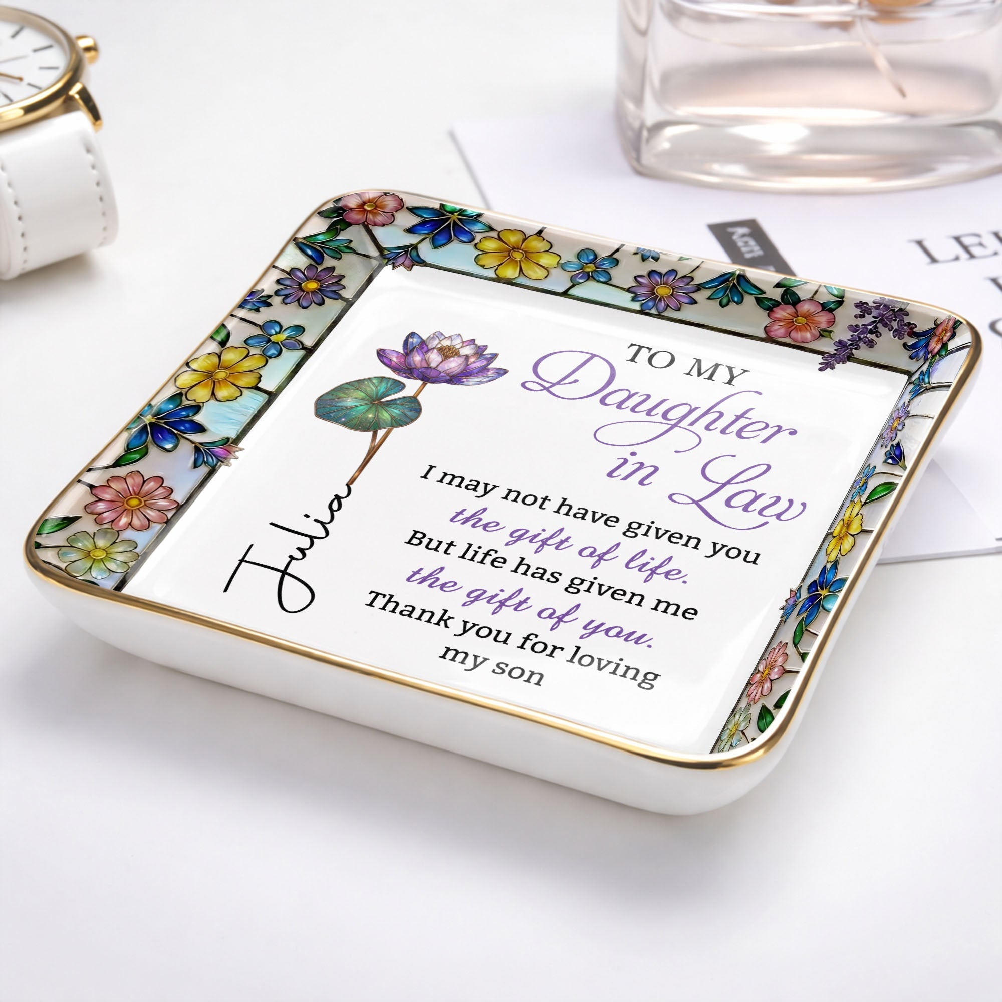 To My Daughter In Law Life Has Given Me The Gift Of You Mosaic Flower - Personalized Custom Jewelry Dish, Ceramic Dish, Square Shape - DILA184_SCRF