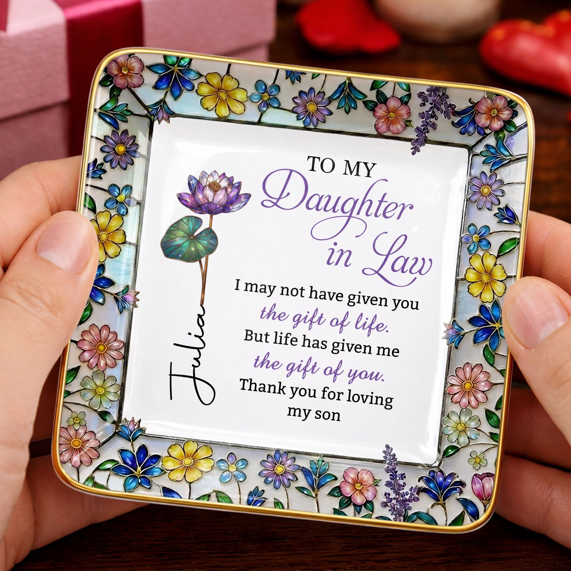 To My Daughter In Law Life Has Given Me The Gift Of You Mosaic Flower - Personalized Custom Jewelry Dish, Ceramic Dish, Square Shape - DILA184_SCRF
