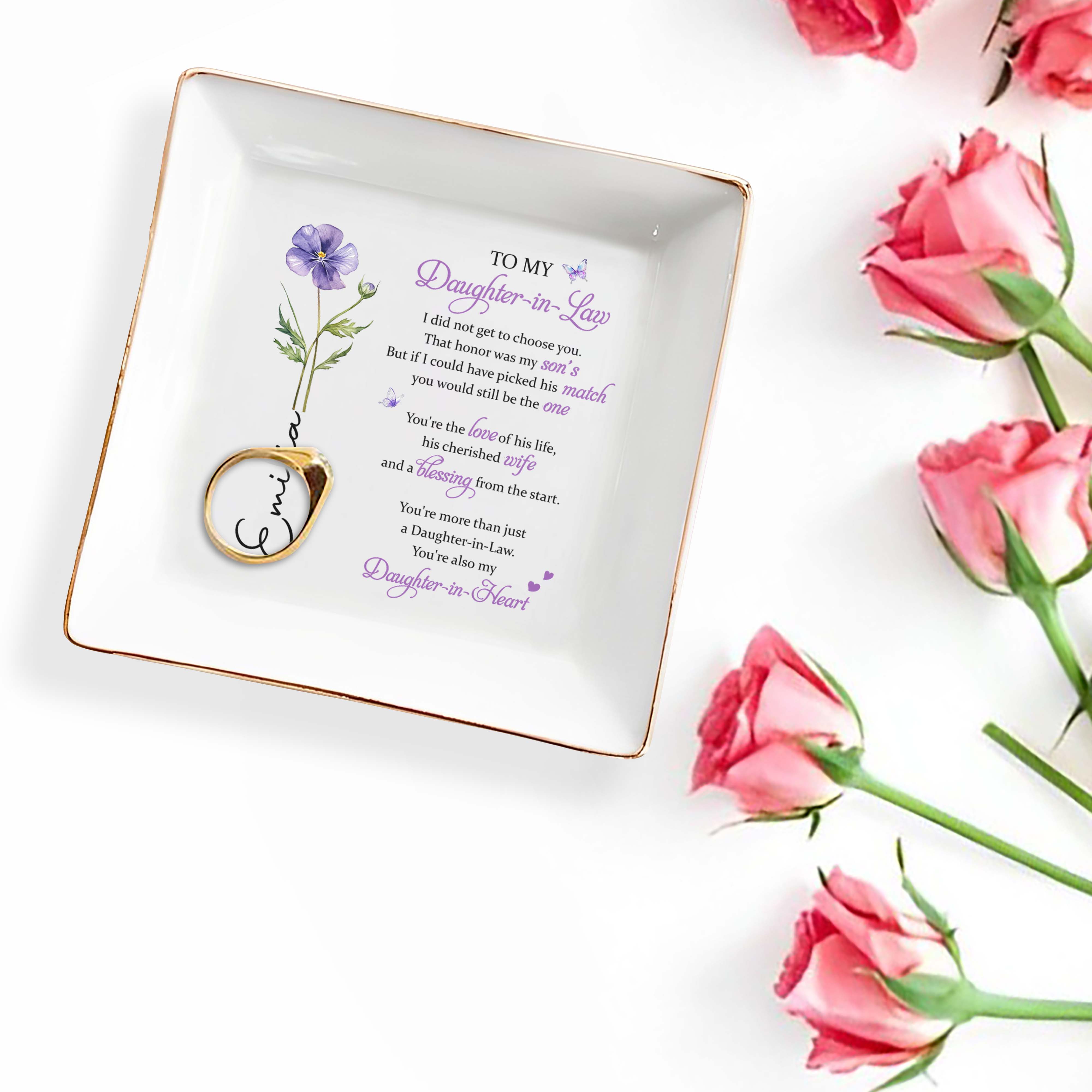 To My Daughter In Law Flower And Butterfly Personalized Keepsake - Personalized Custom Jewelry Dish, Square Ceramic Dish - DILA187_SCRD