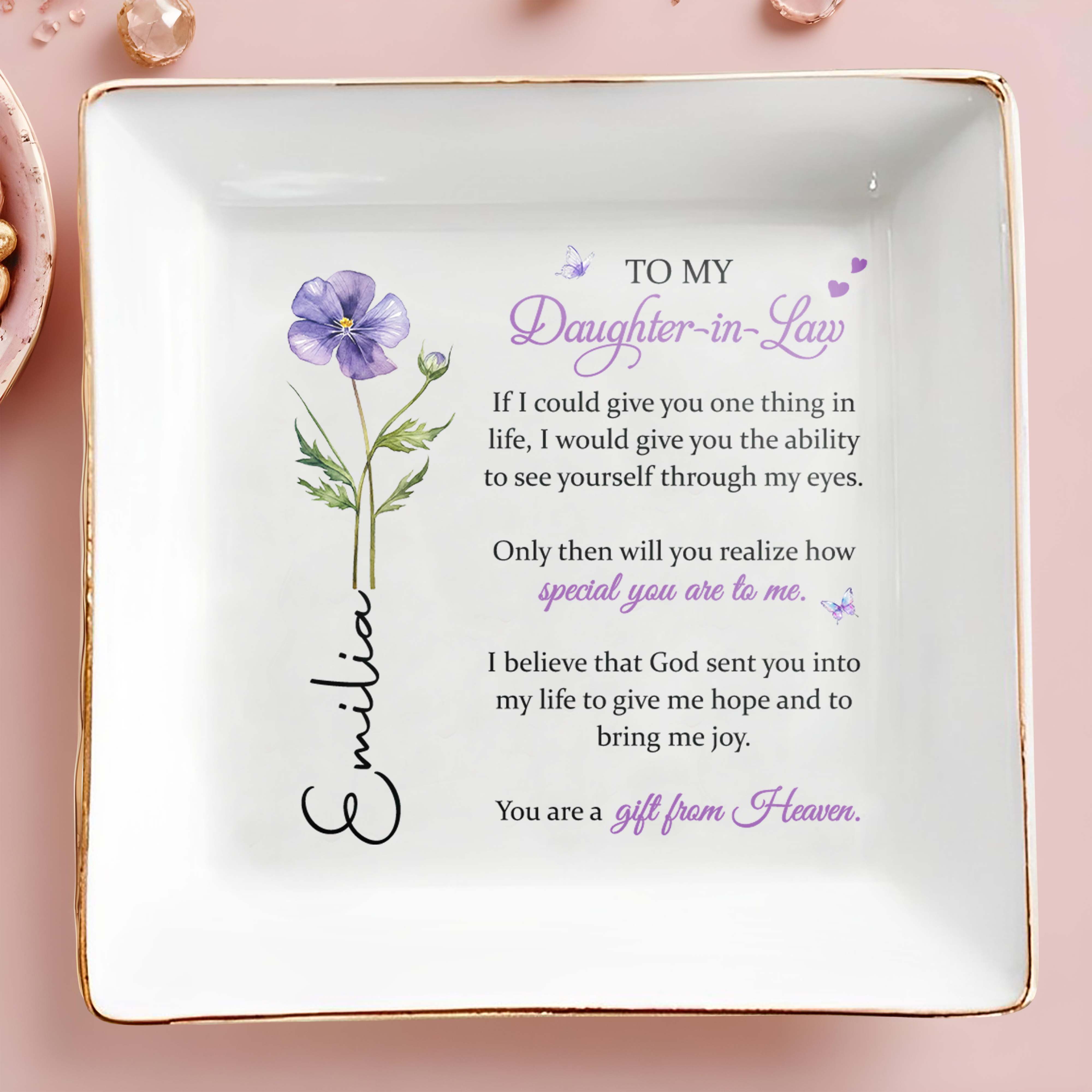 To My Daughter In Law If I Could Give You Flower - Personalized Custom Jewelry Dish, Square Ceramic Dish - DILA188_SCRD