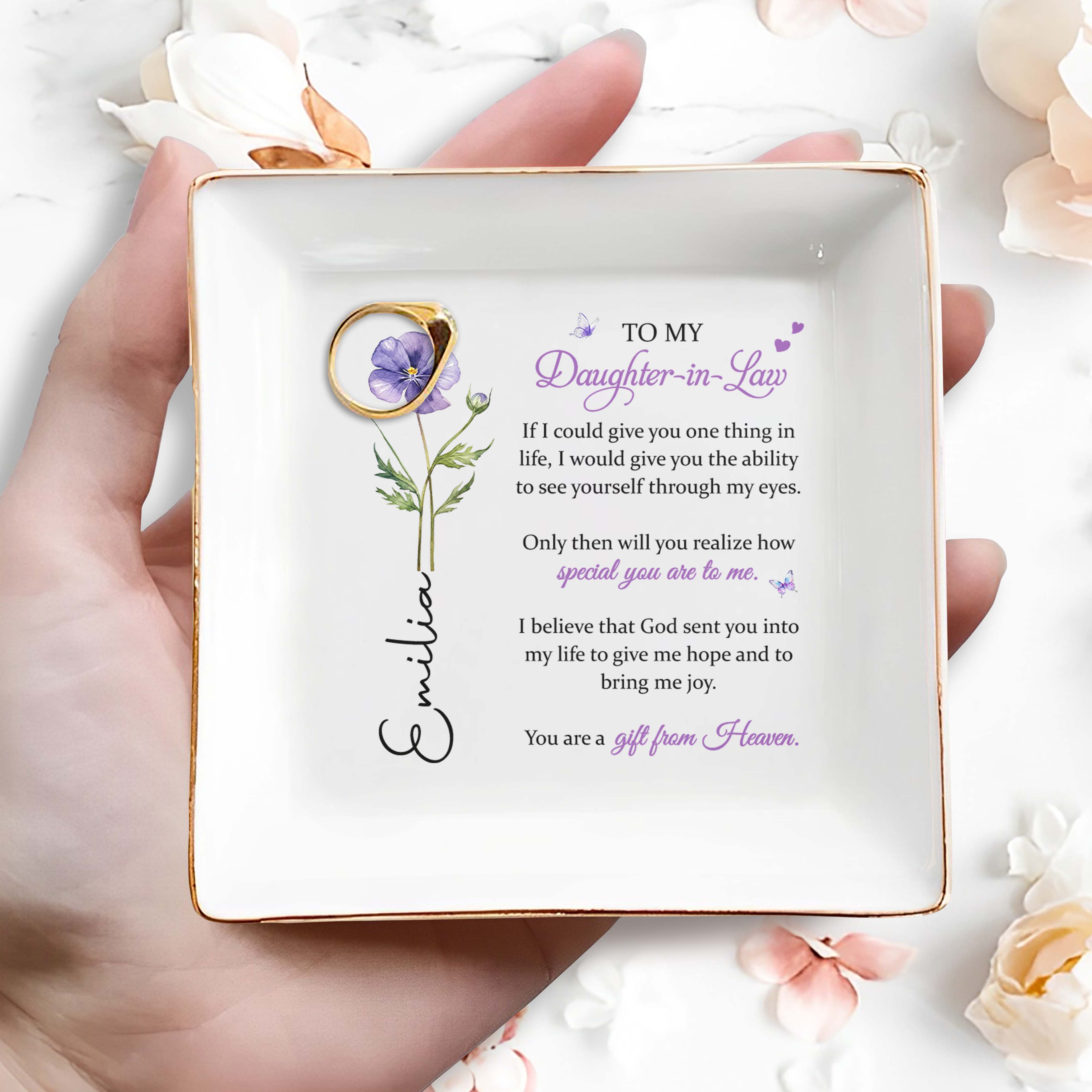 To My Daughter In Law If I Could Give You Flower - Personalized Custom Jewelry Dish, Square Ceramic Dish - DILA188_SCRD
