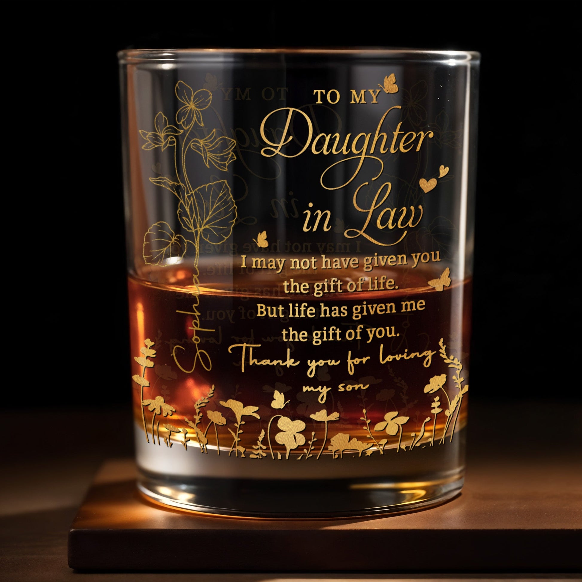 To My Daughter In Law Life Has Given Me The Gift Of You Flowers - Personalized Custom Whiskey Glass - DILA192_RWG