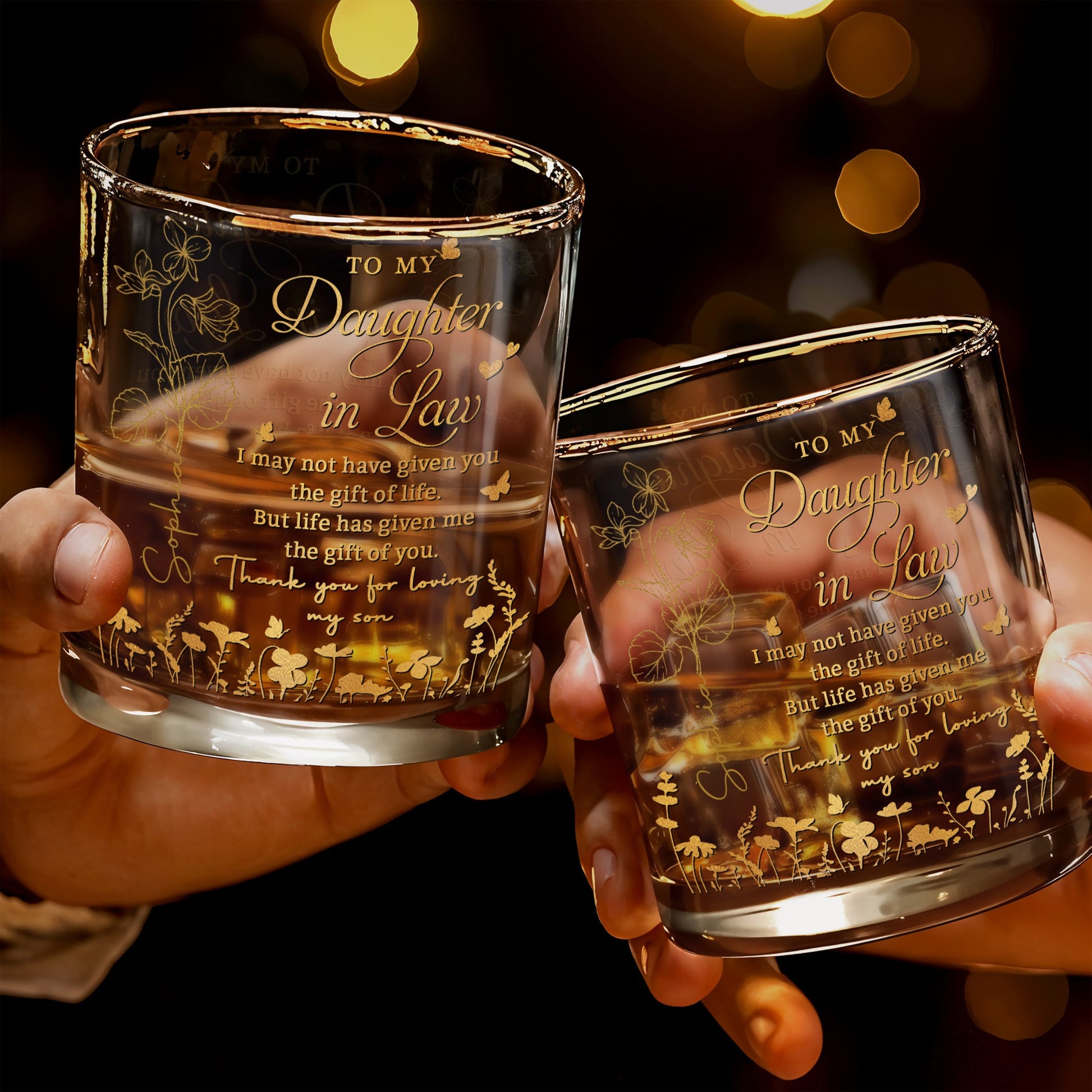 To My Daughter In Law Life Has Given Me The Gift Of You Flowers - Personalized Custom Whiskey Glass - DILA192_RWG
