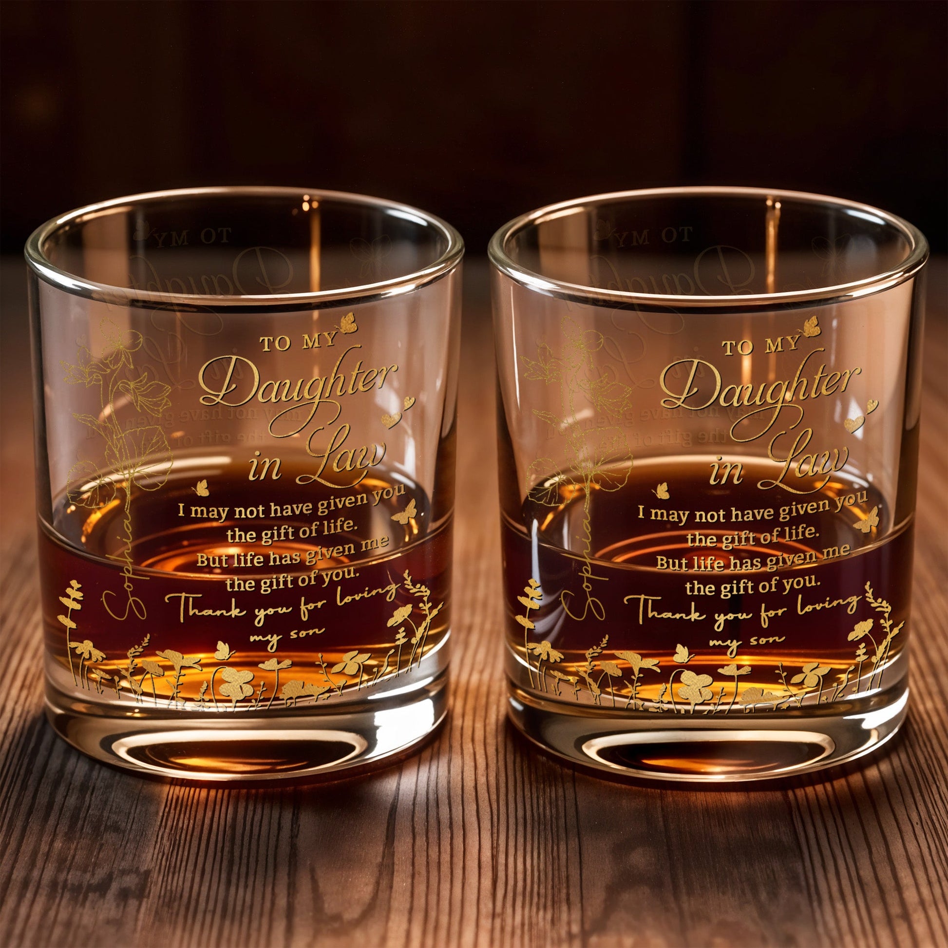 To My Daughter In Law Life Has Given Me The Gift Of You Flowers - Personalized Custom Whiskey Glass - DILA192_RWG