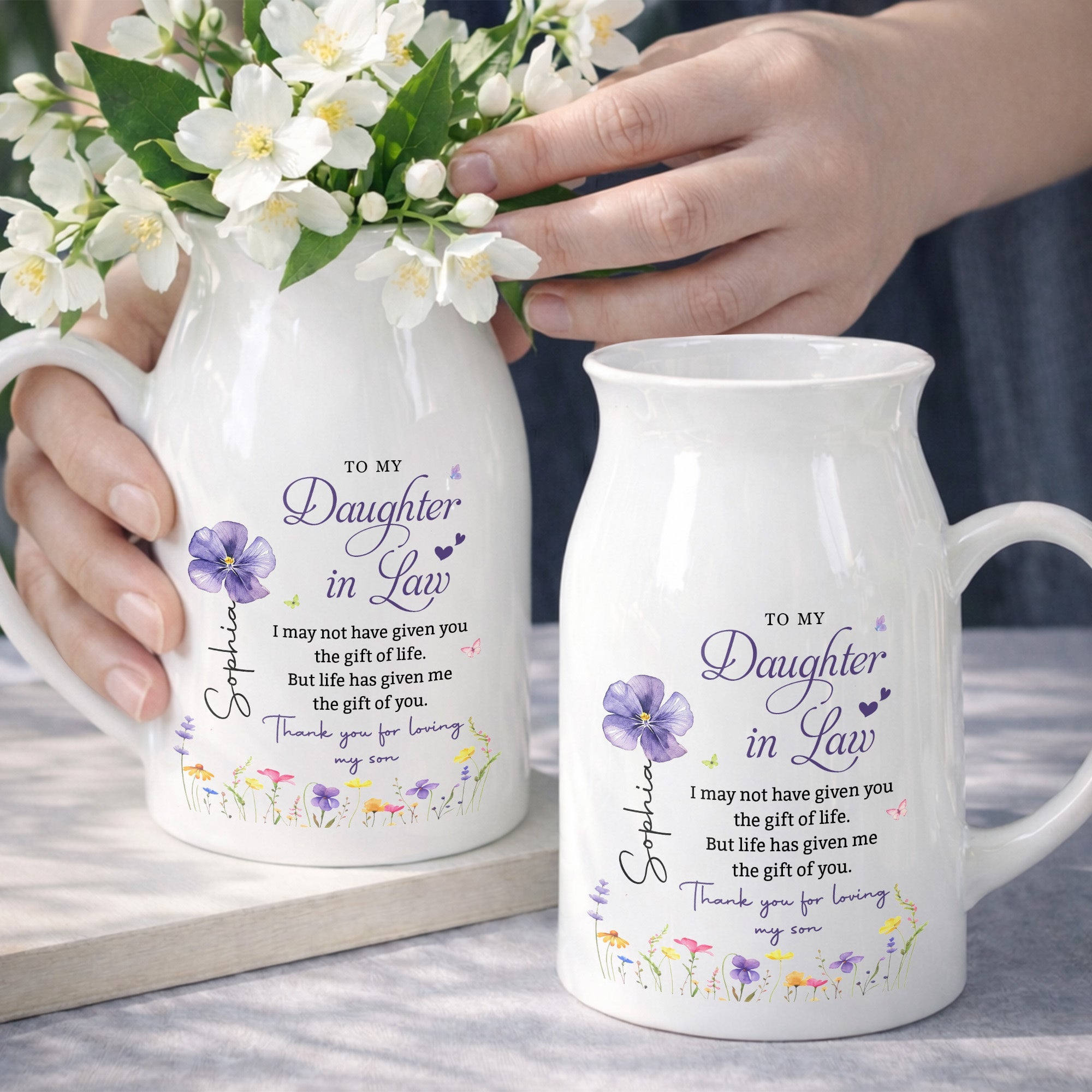 To My Daughter In Law Gift Of You Birth Month Flower - Personalized Ceramic Flower Vase