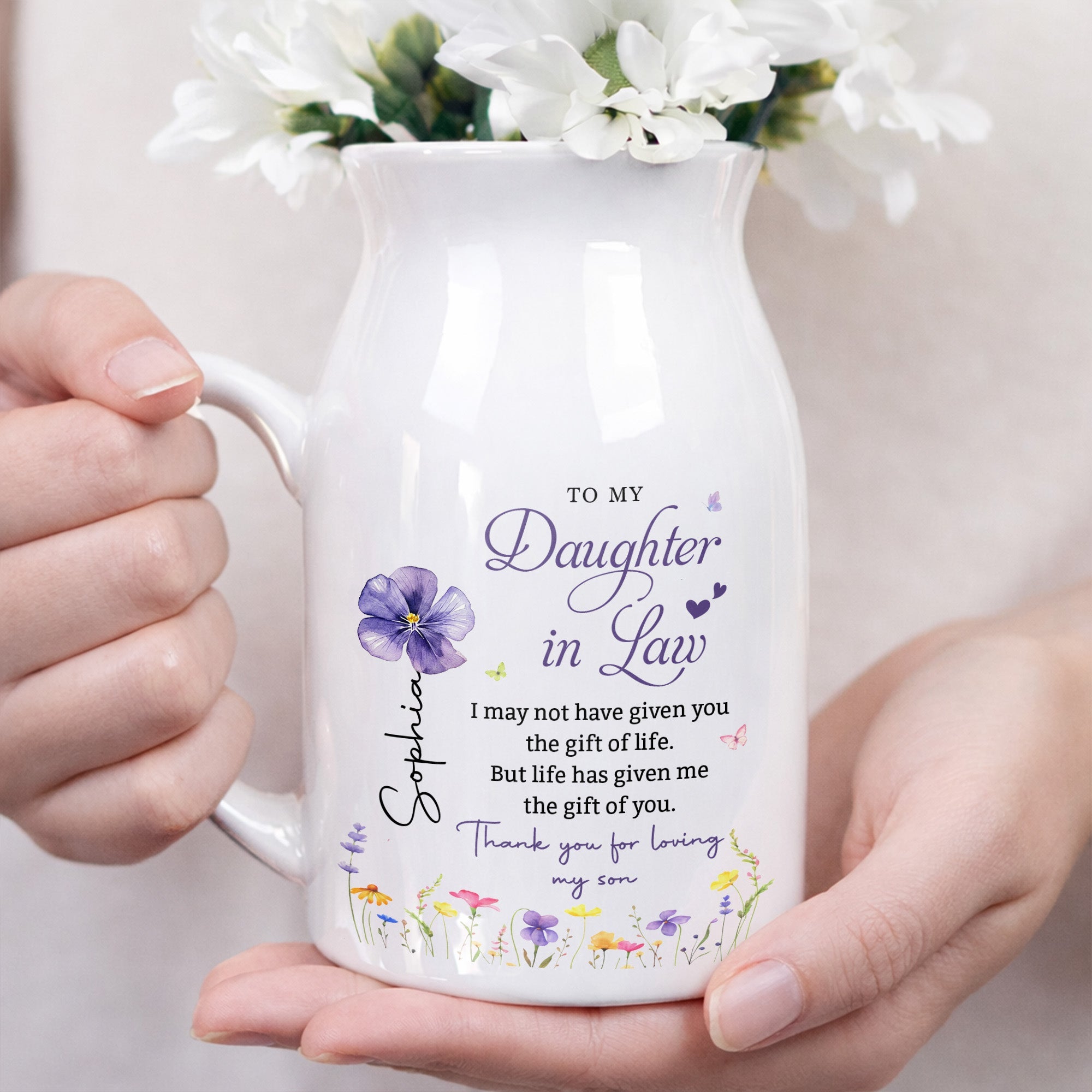 To My Daughter In Law Gift Of You Birth Month Flower - Personalized Ceramic Flower Vase