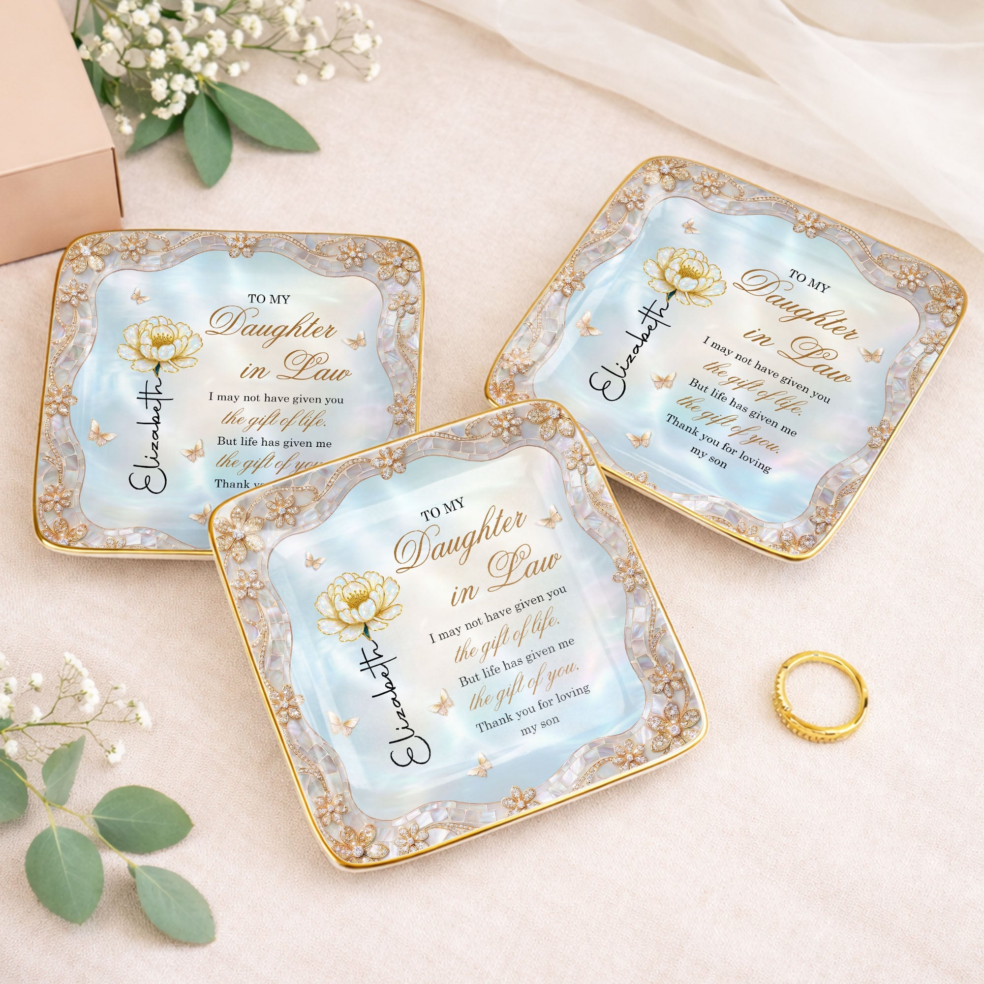 To My Daughter In Law Life Has Given Me The Gift Of You Birth Month Flower - Personalized Custom Jewelry Dish, Ceramic Dish, Square Shape - DILA214_SCRF