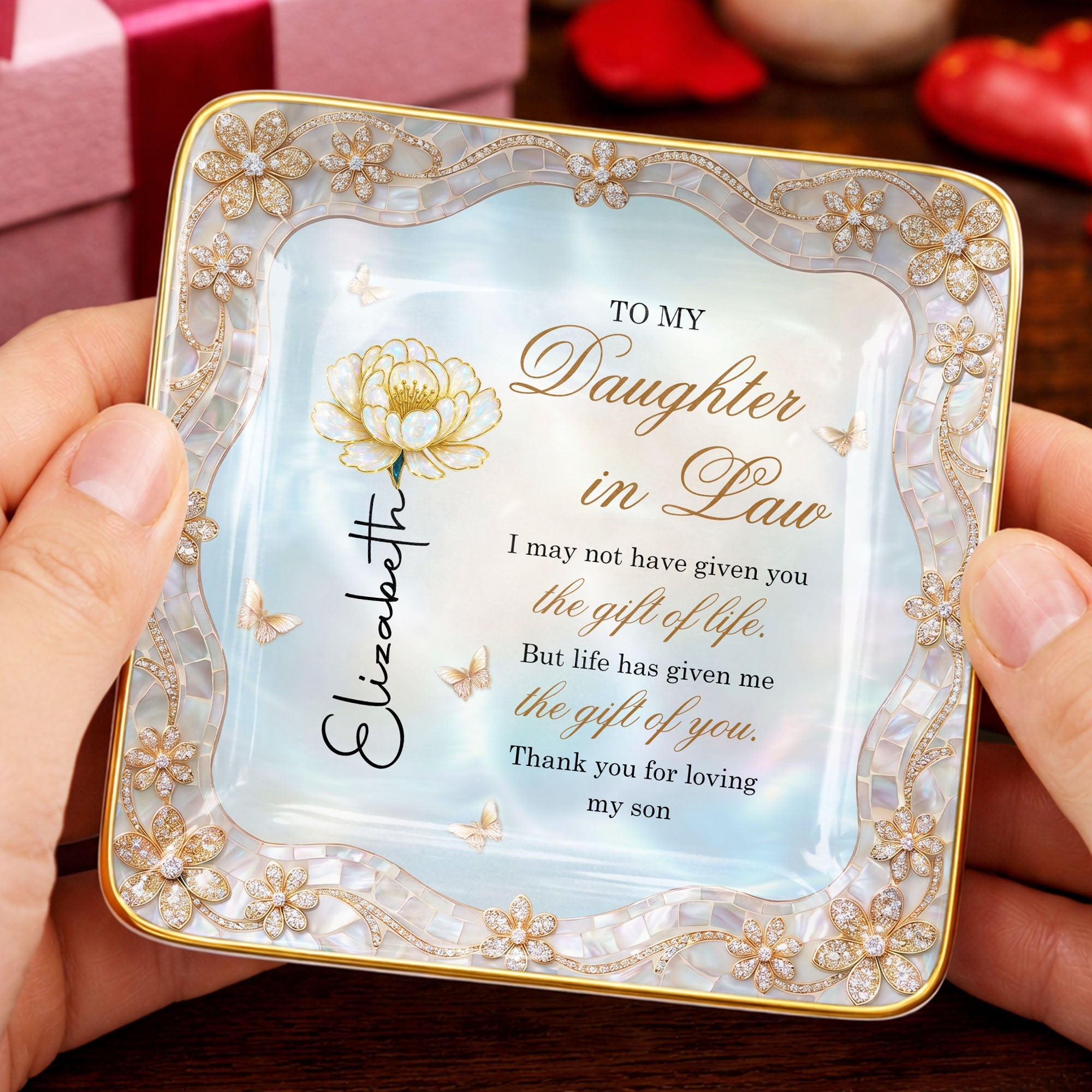 To My Daughter In Law Life Has Given Me The Gift Of You Birth Month Flower - Personalized Custom Jewelry Dish, Ceramic Dish, Square Shape - DILA214_SCRF