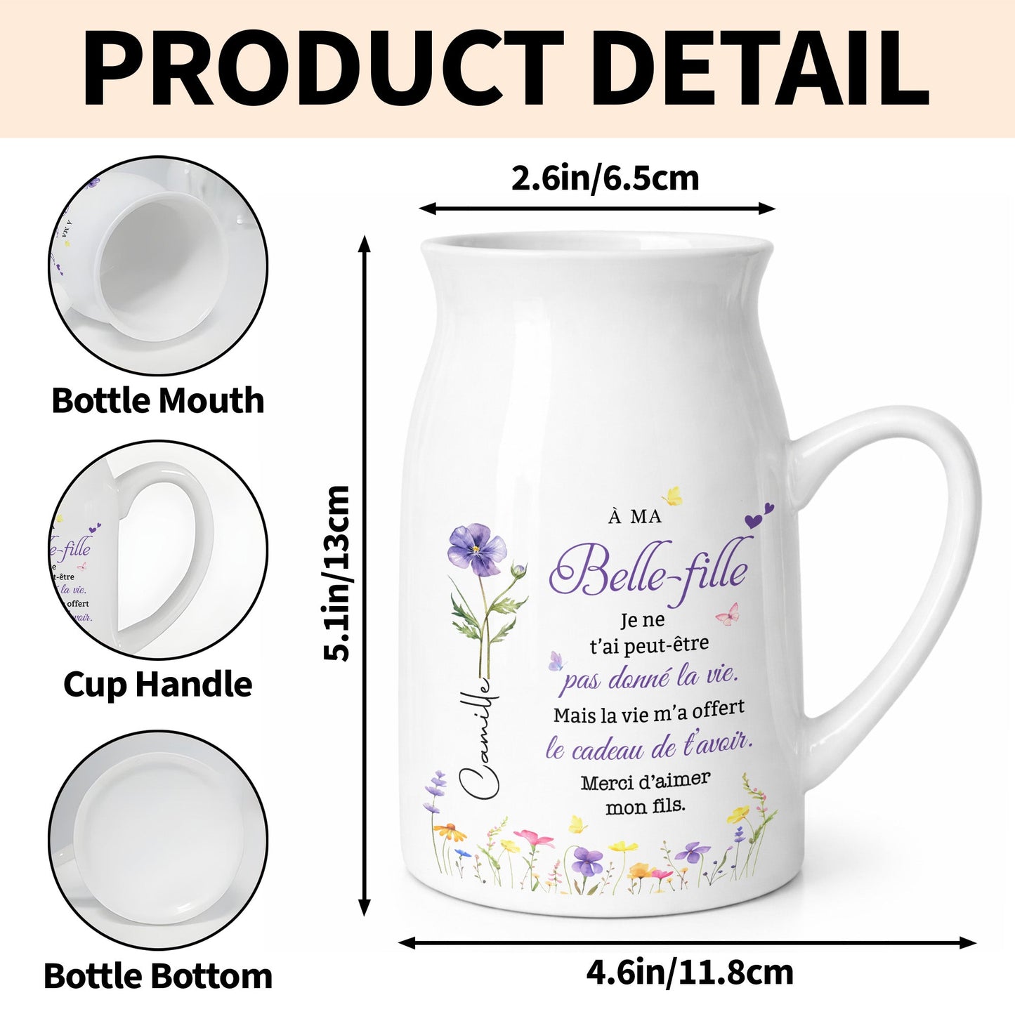 À MA Belle Fille Birth Month Flowers And Butterflies - Personalized Ceramic Flower Vase