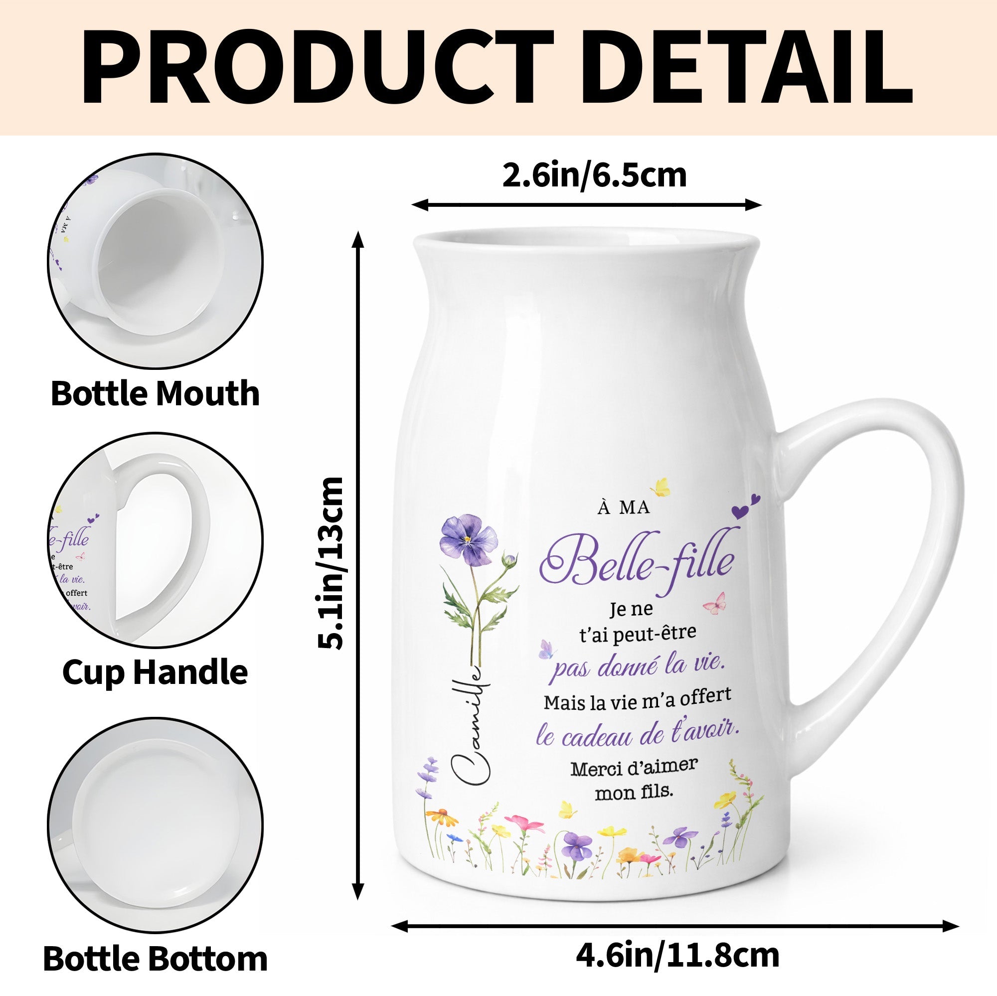 À MA Belle Fille Birth Month Flowers And Butterflies - Personalized Ceramic Flower Vase