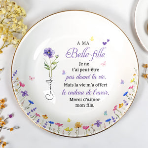 À MA Belle-fille Floral Custom Birth Month Flowers French Language Gift - Personalized Custom Jewelry Dish, Ceramic Dish, Round Shape - DILA215_RCRF
