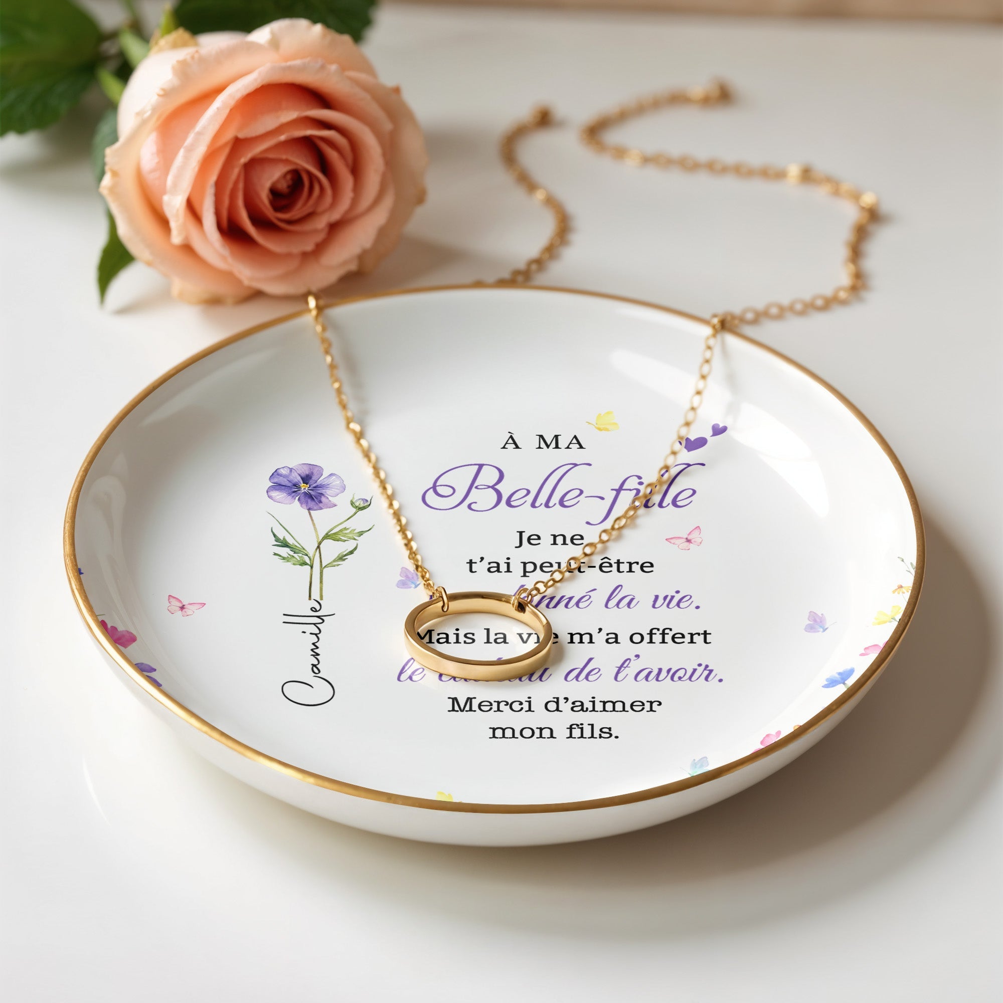 À MA Belle-fille Floral Custom Birth Month Flowers French Language Gift - Personalized Custom Jewelry Dish, Ceramic Dish, Round Shape - DILA215_RCRF