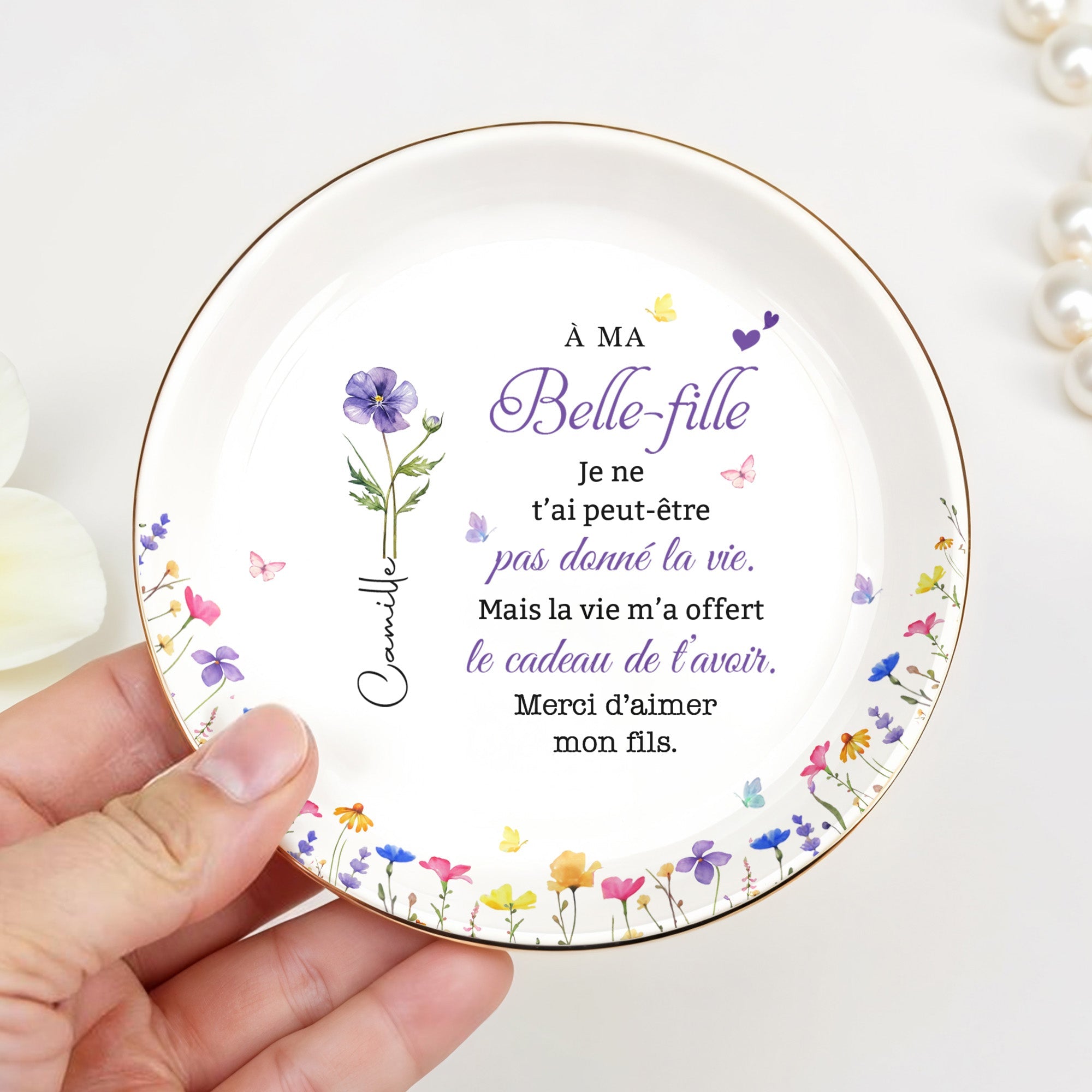 À MA Belle-fille Floral Custom Birth Month Flowers French Language Gift - Personalized Custom Jewelry Dish, Ceramic Dish, Round Shape - DILA215_RCRF