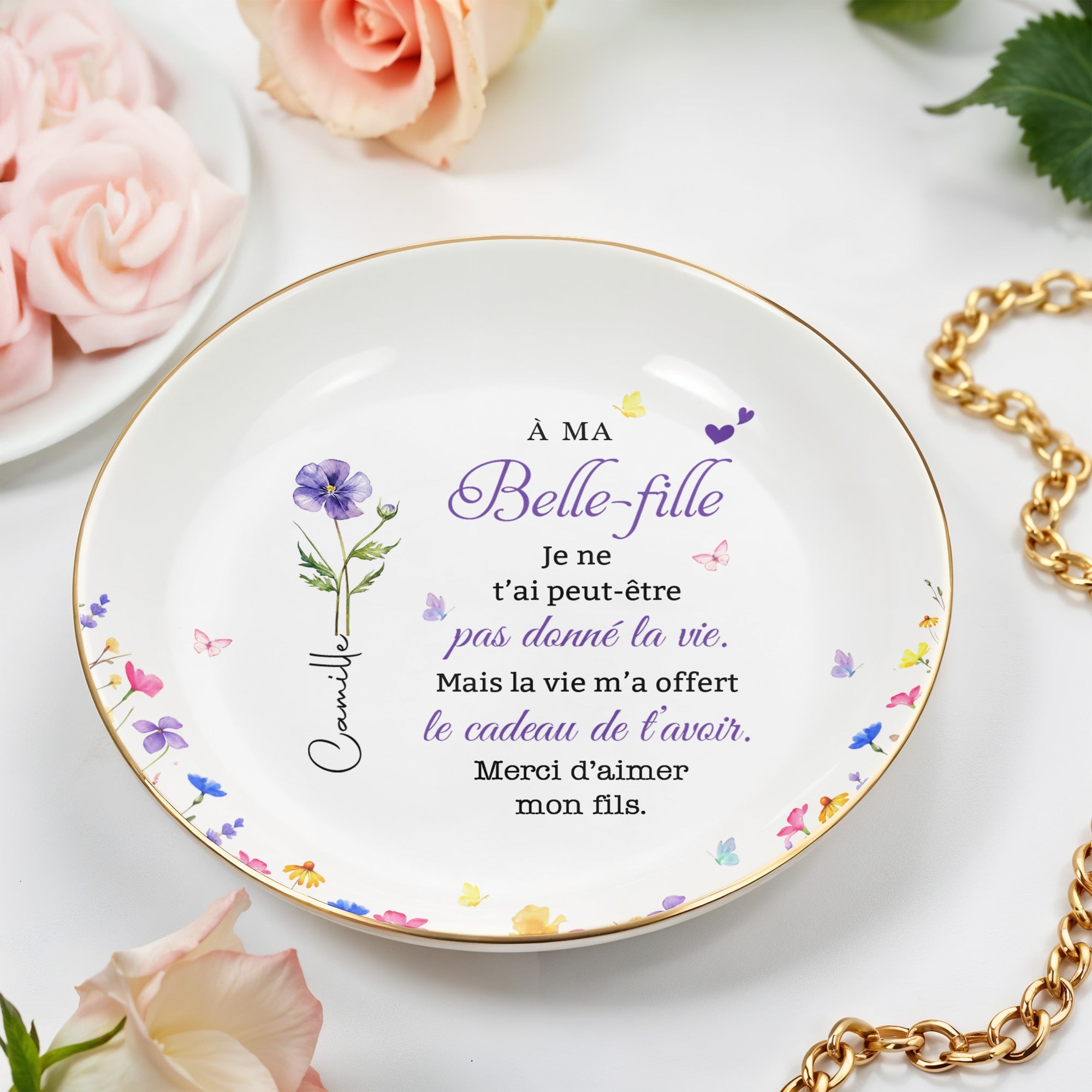 À MA Belle-fille Floral Custom Birth Month Flowers French Language Gift - Personalized Custom Jewelry Dish, Ceramic Dish, Round Shape - DILA215_RCRF