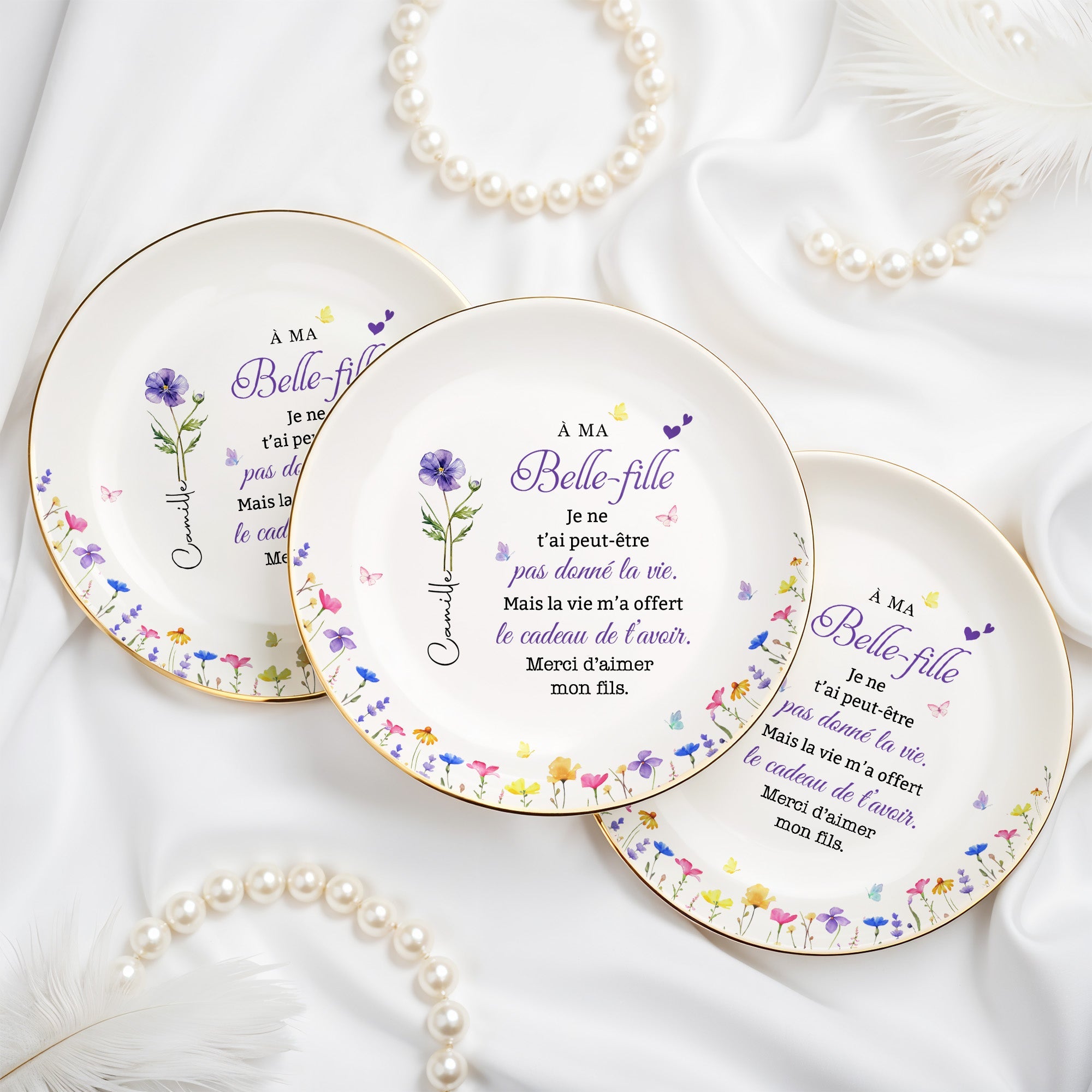 À MA Belle-fille Floral Custom Birth Month Flowers French Language Gift - Personalized Custom Jewelry Dish, Ceramic Dish, Round Shape - DILA215_RCRF