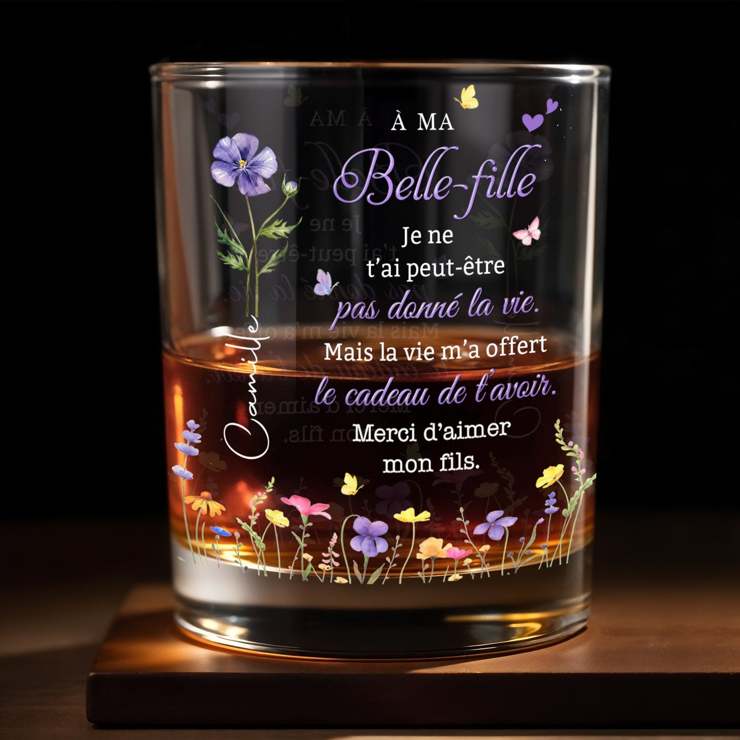 À MA Belle-fille Birth Month Flowers And Butterflies Custom Design - Personalized Custom Whiskey Glass - DILA215_RWG