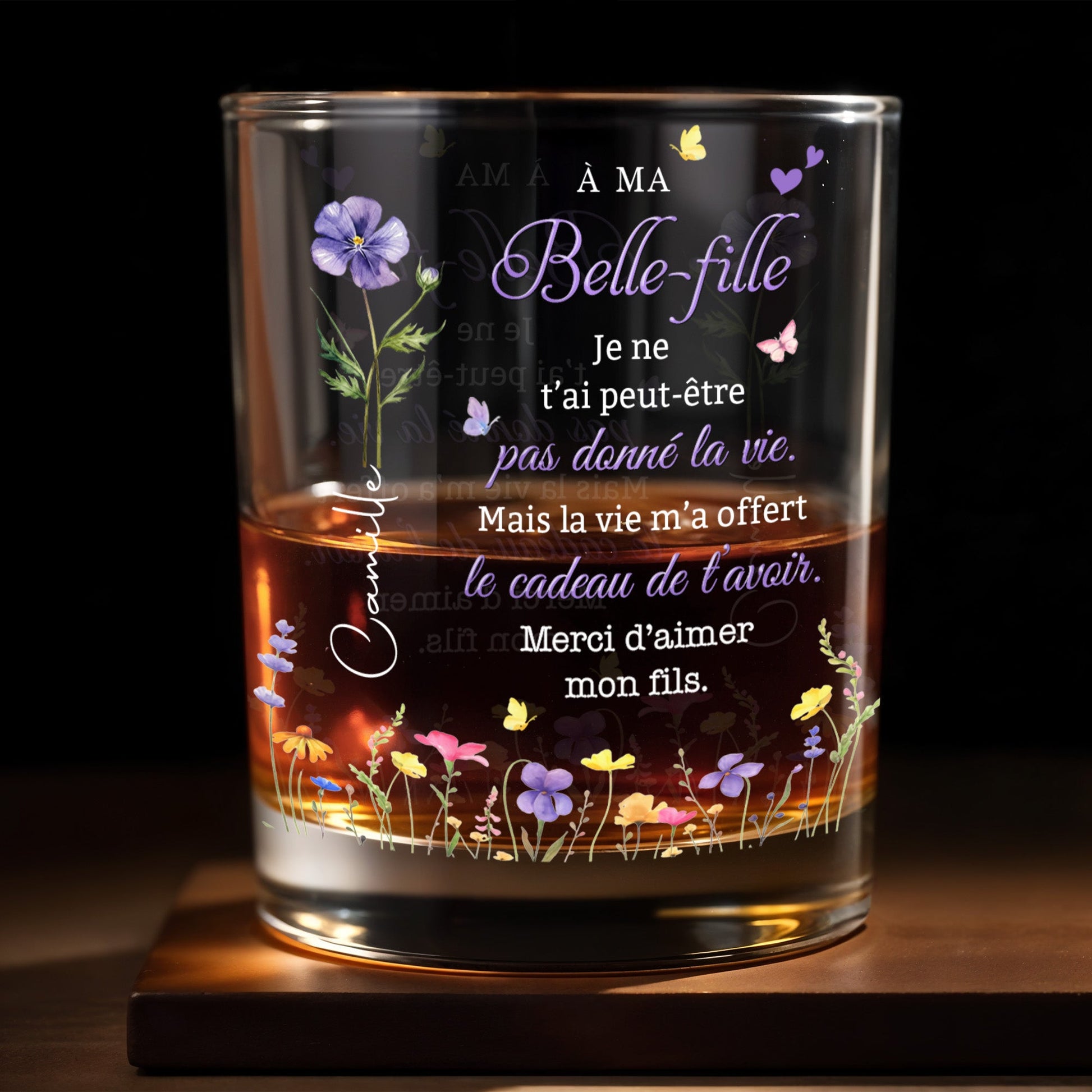 À MA Belle-fille Birth Month Flowers And Butterflies Custom Design - Personalized Custom Whiskey Glass - DILA215_RWG